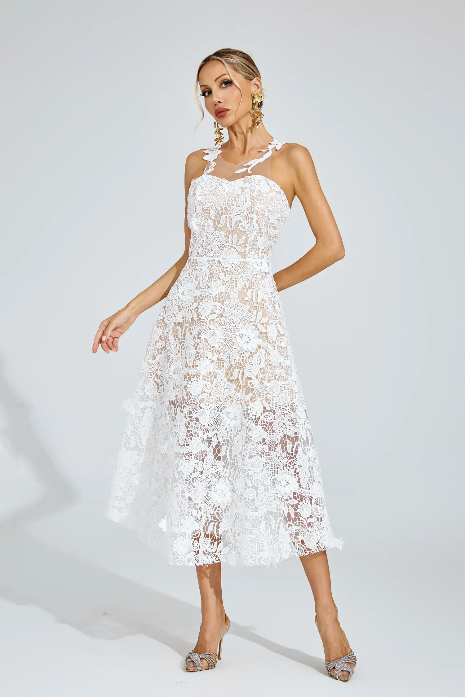 Whitney White Lace Illusion Midi Dress