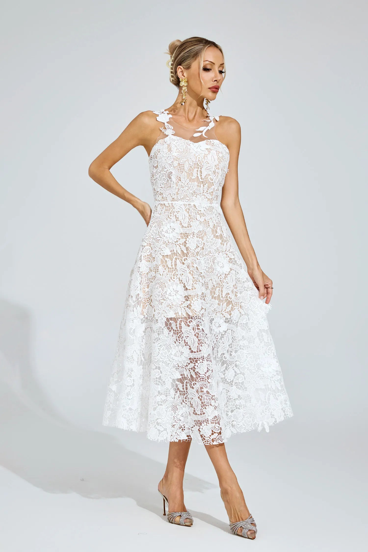 Whitney White Lace Illusion Midi Dress