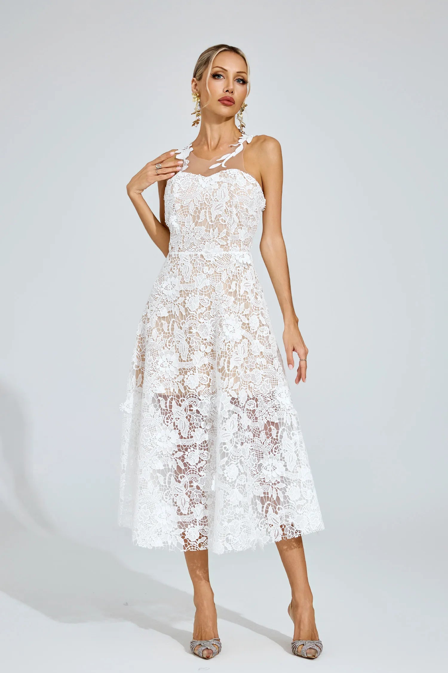 Whitney White Lace Illusion Midi Dress