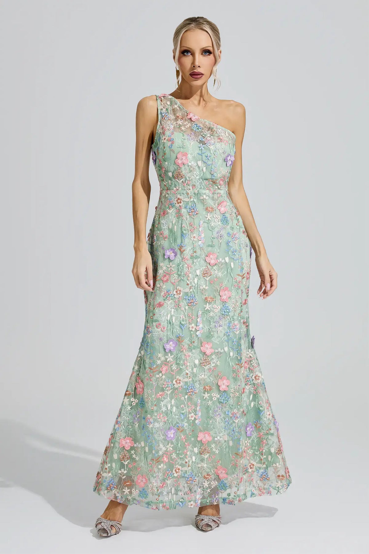 Severine Green Floral Embroidered Maxi Dress