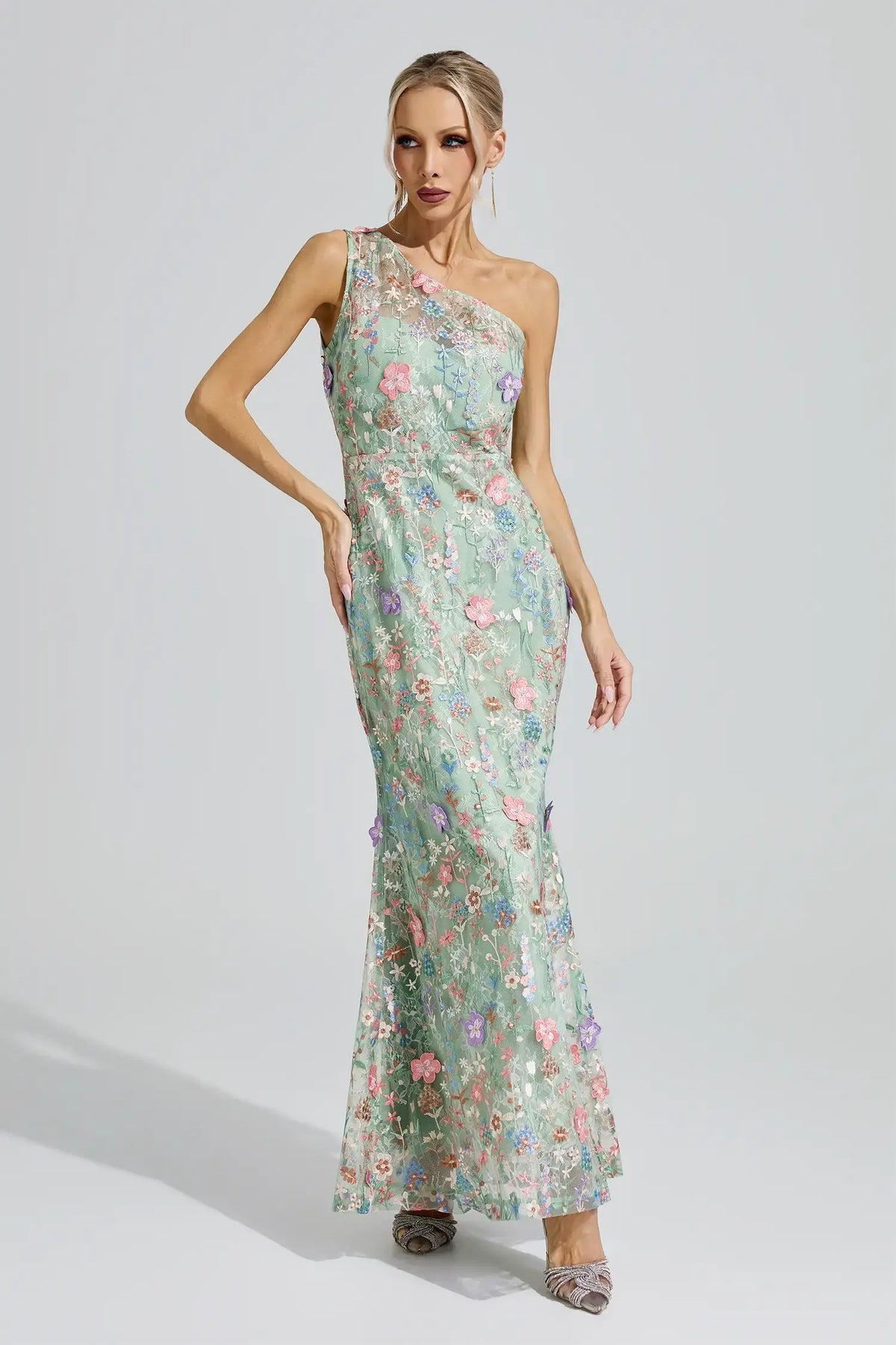 Severine Green Floral Embroidered Maxi Dress