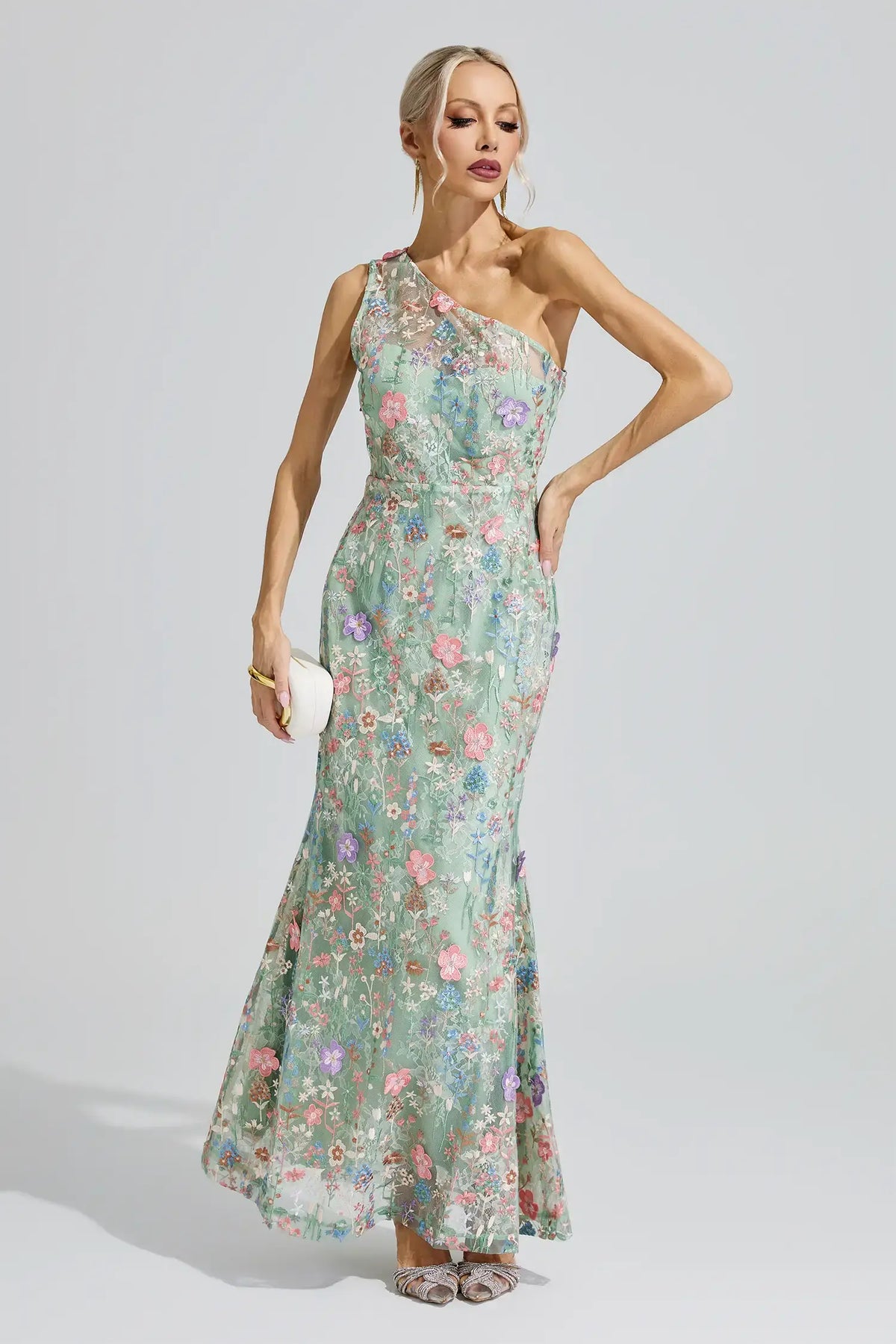 Severine Green Floral Embroidered Maxi Dress