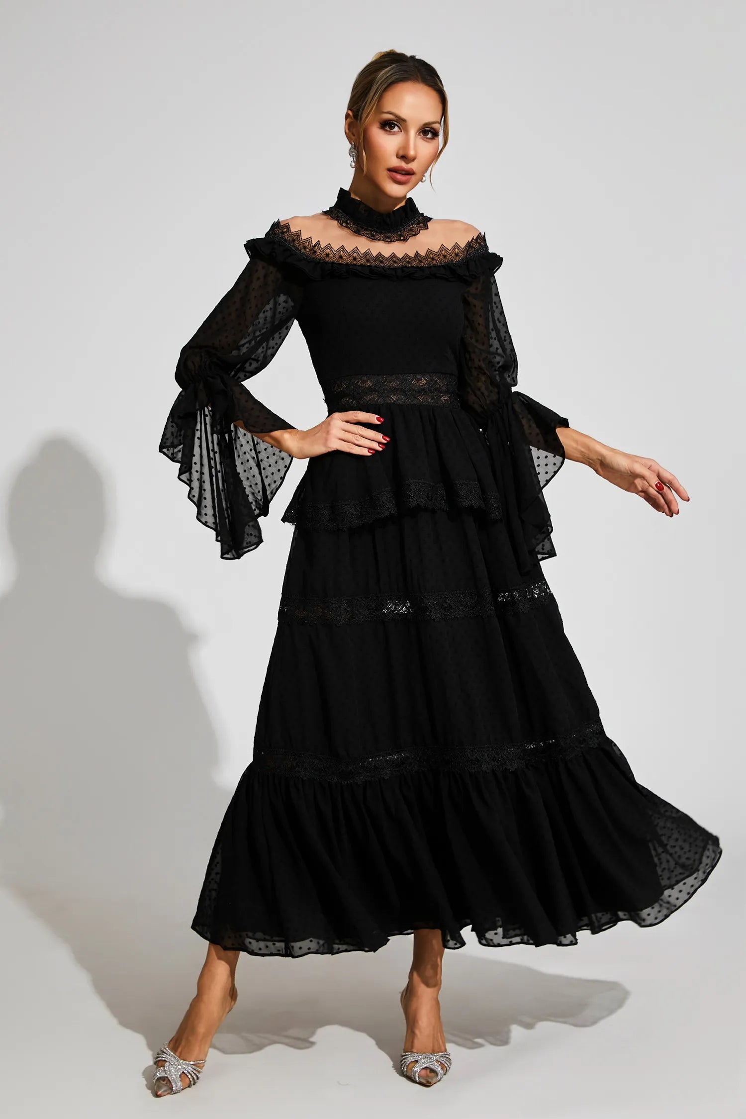 Nivara Black Lace Long Sleeve Maxi Dress