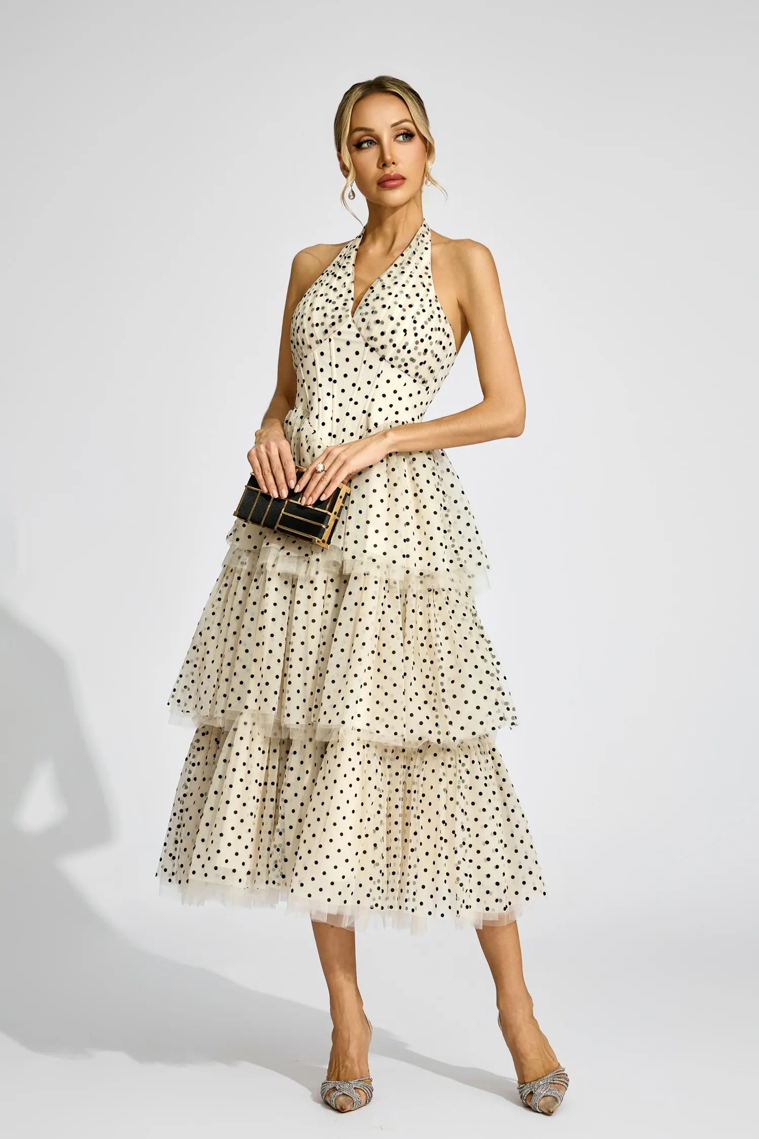 Wendy Apricot Polka Dot Halter Midi Dress