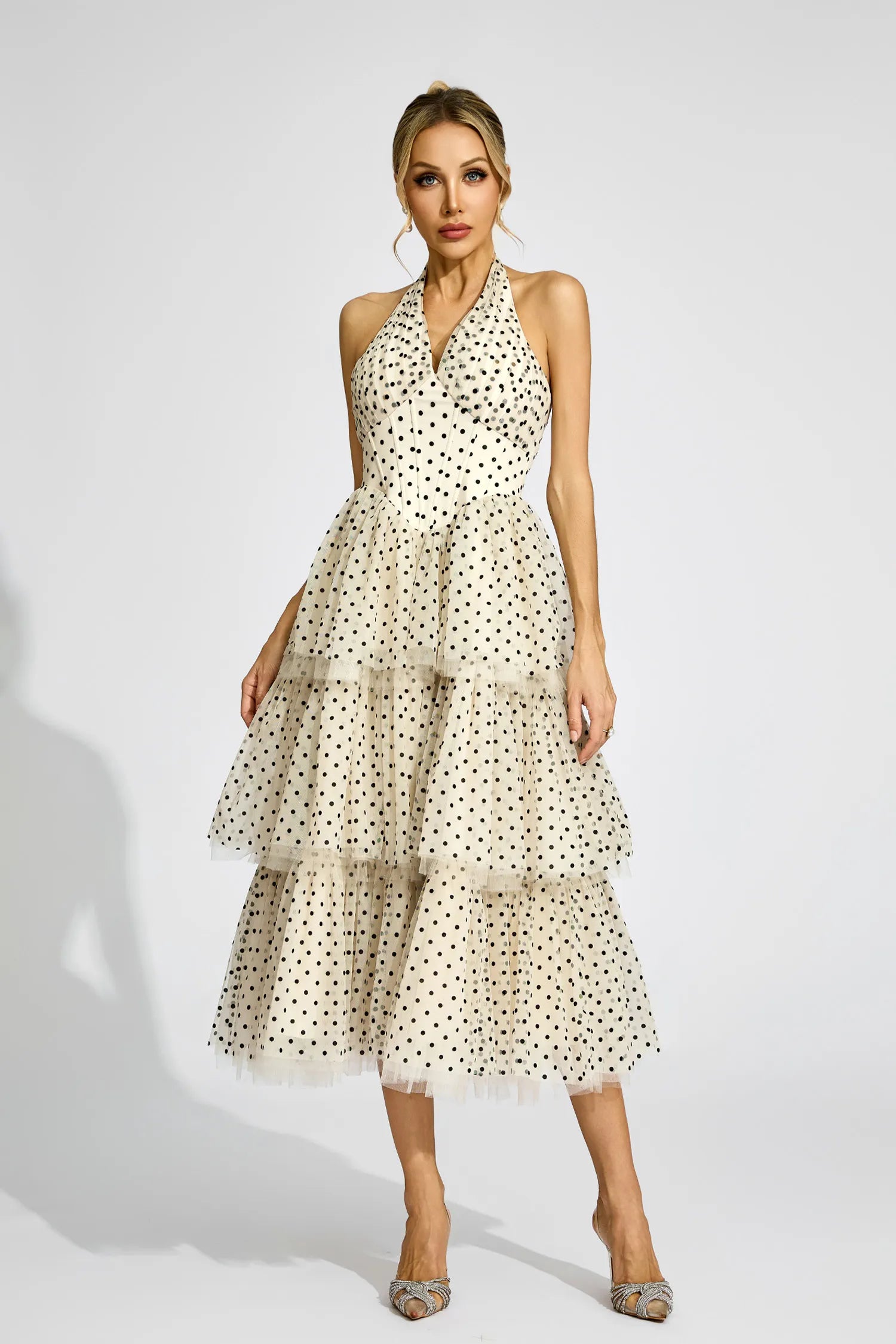 Wendy Apricot Polka Dot Halter Midi Dress