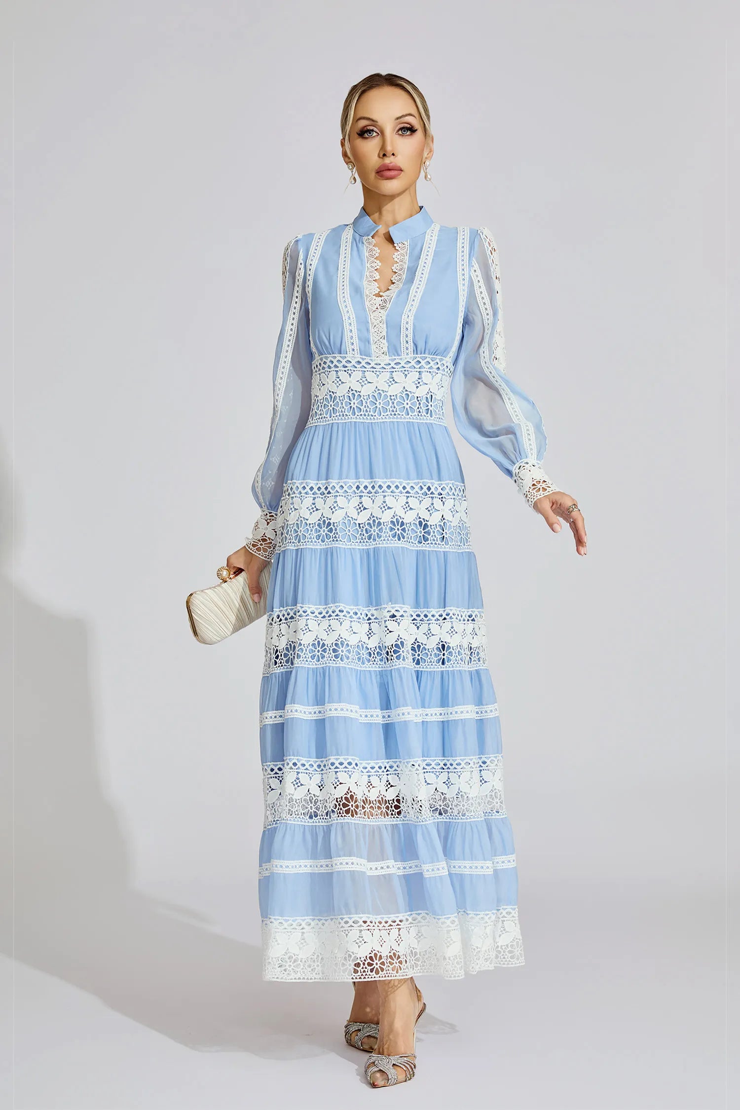 Avriel Blue Lace V-Neck French Maxi Dress