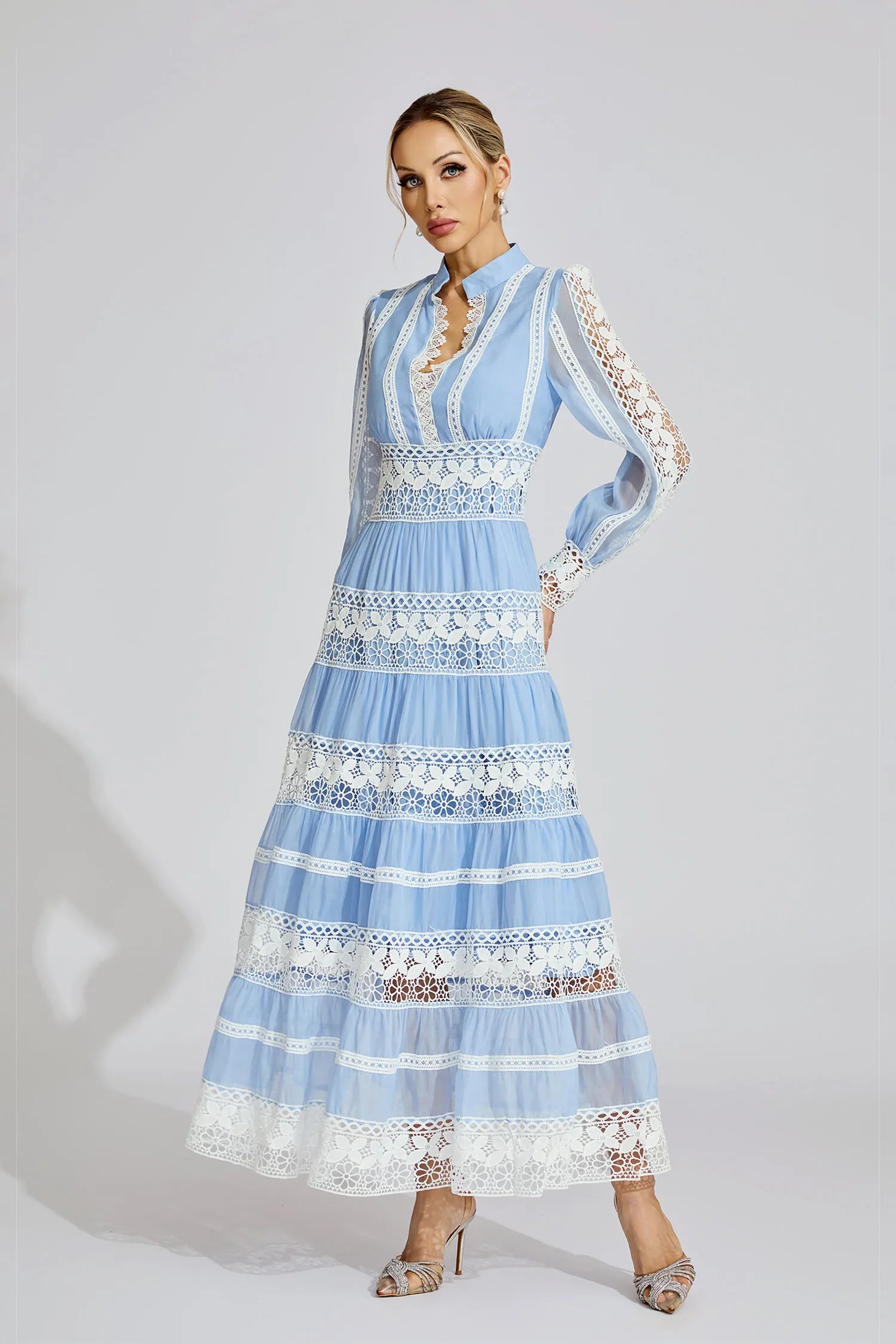 Avriel Blue Lace V-Neck French Maxi Dress