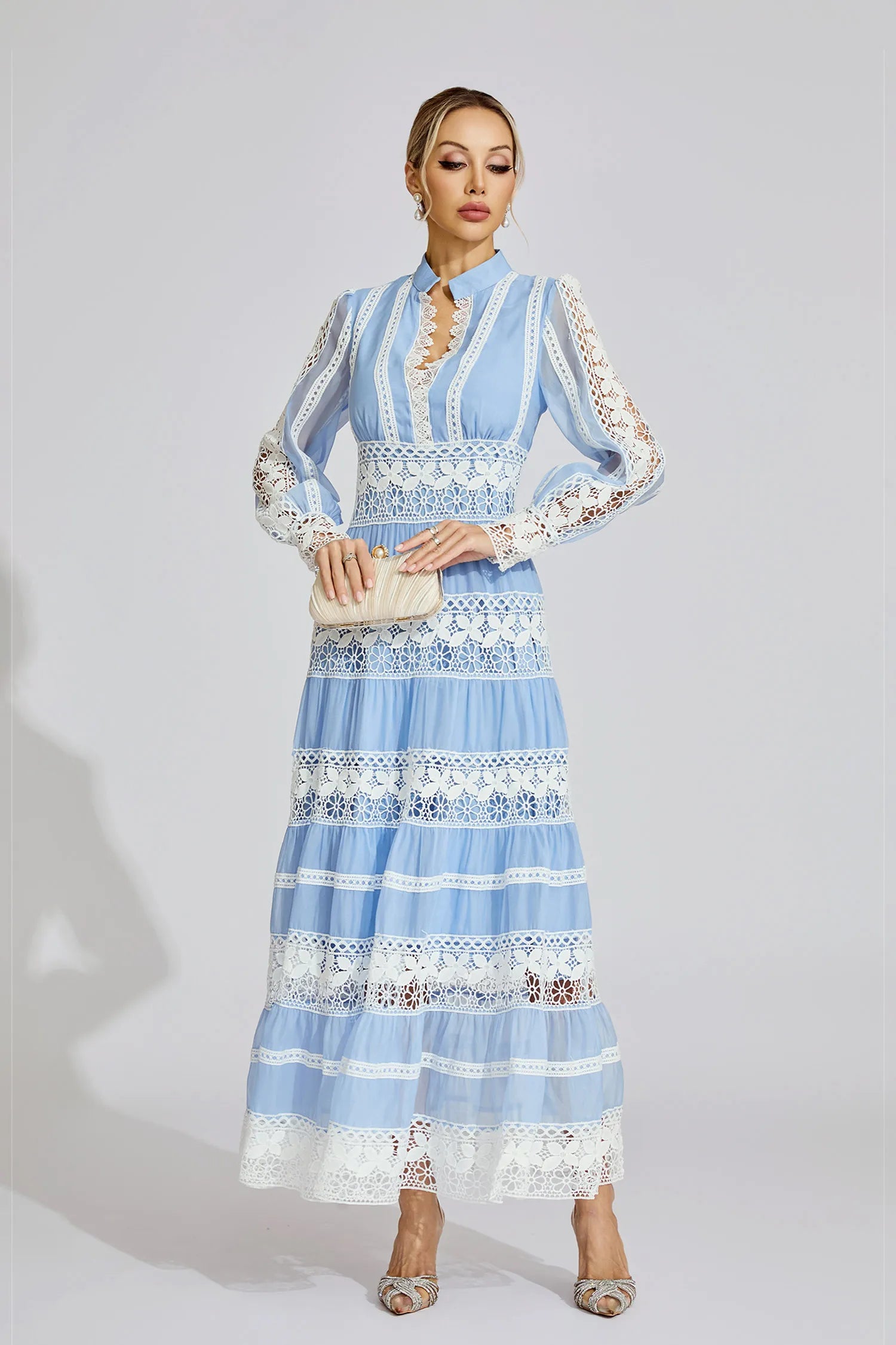 Avriel Blue Lace V-Neck French Maxi Dress