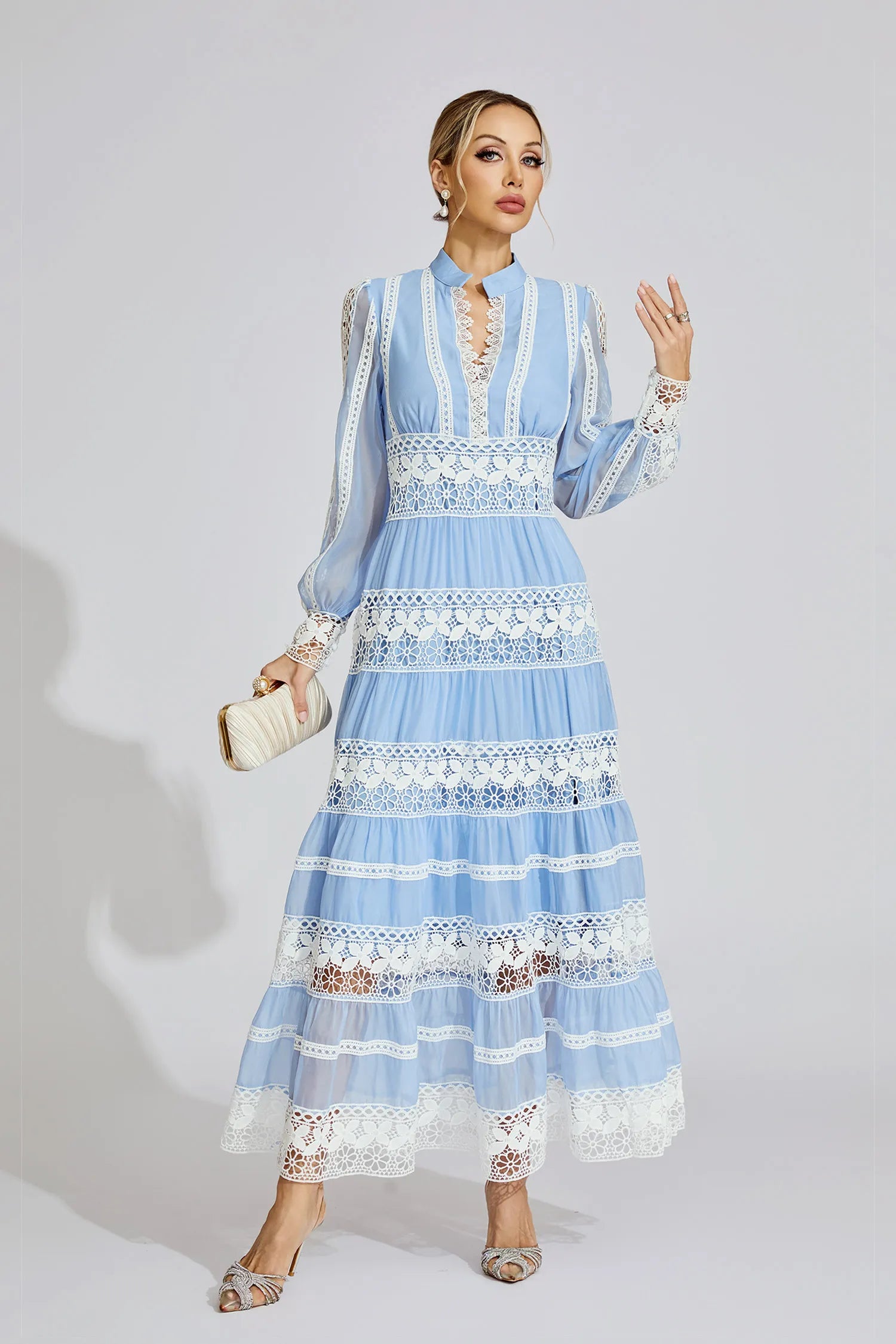 Avriel Blue Lace V-Neck French Maxi Dress
