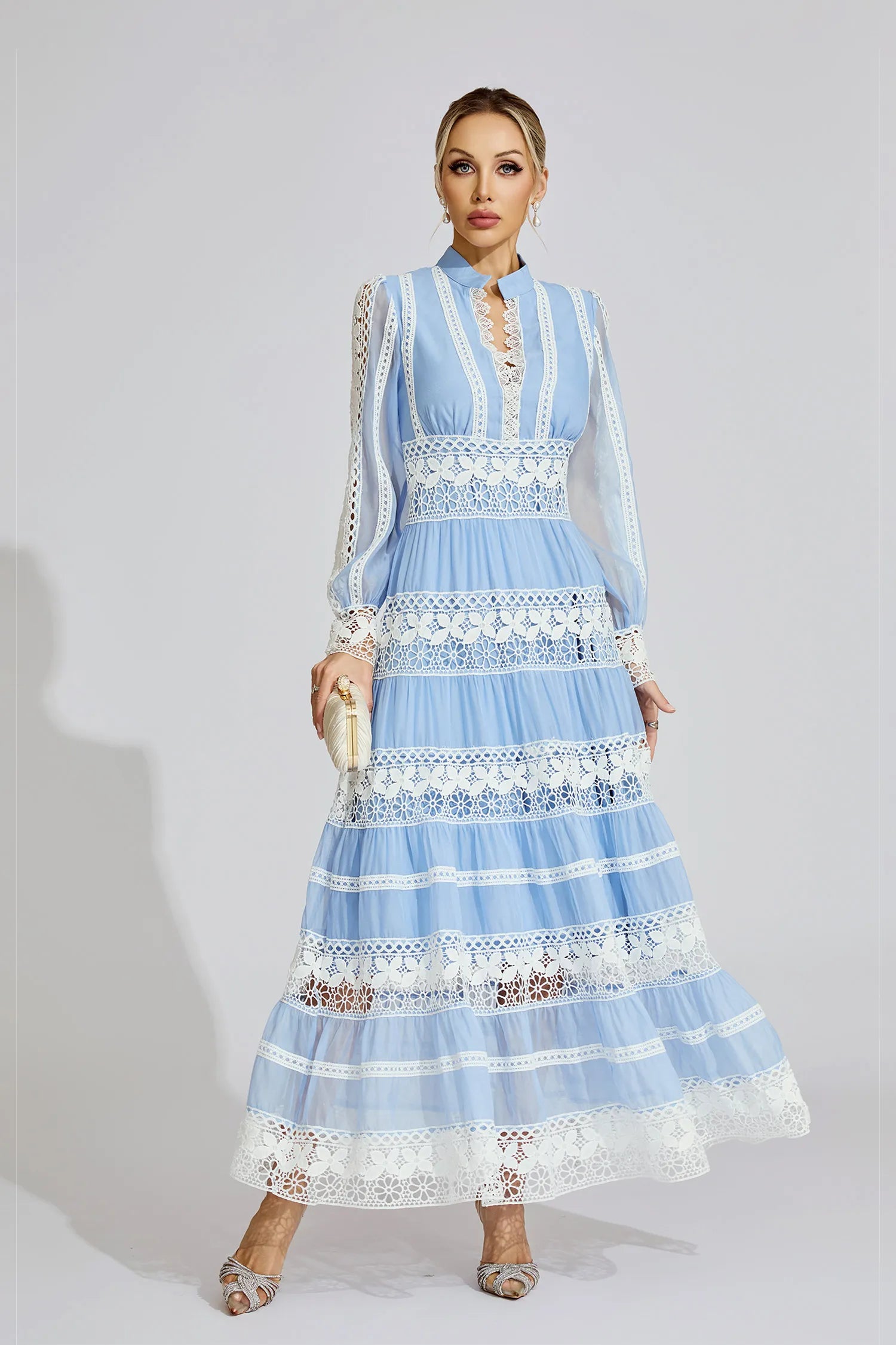 Avriel Blue Lace V-Neck French Maxi Dress