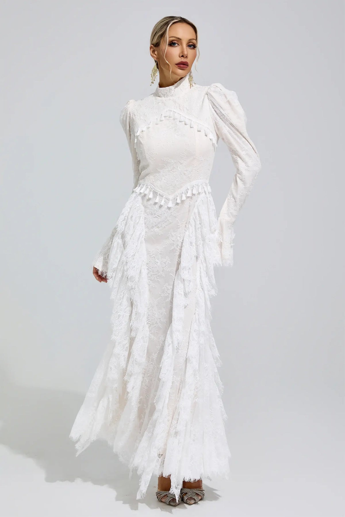 Evangeline White Puff Sleeve Tassel Maxi Dress