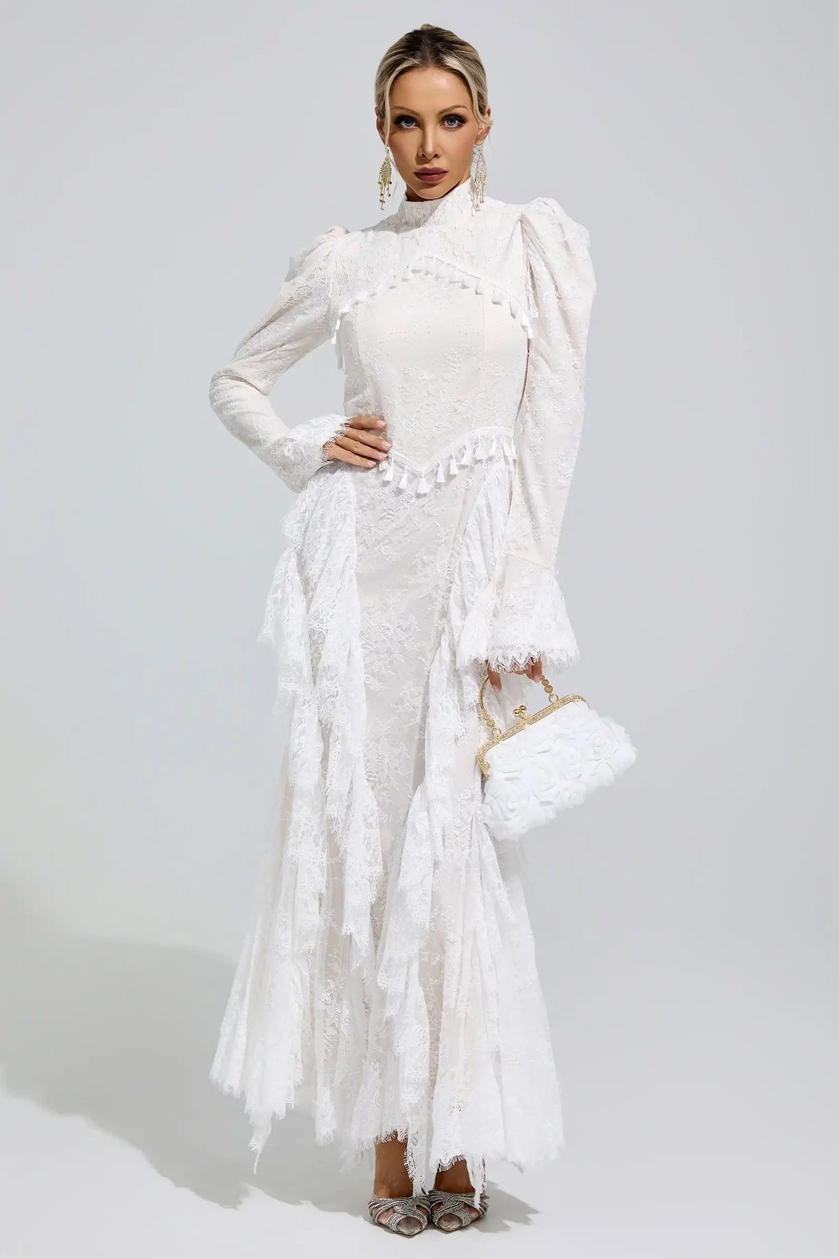 Evangeline White Puff Sleeve Tassel Maxi Dress