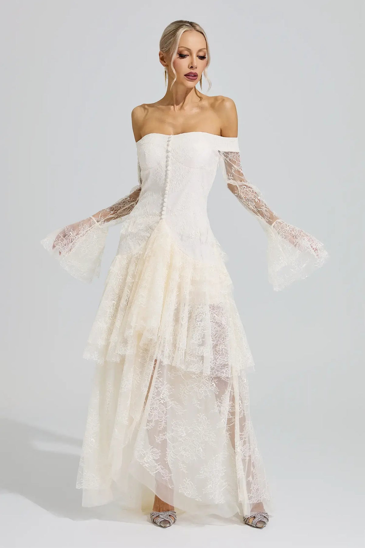 Lennox White Lace Ruffle Tiered Maxi Dress