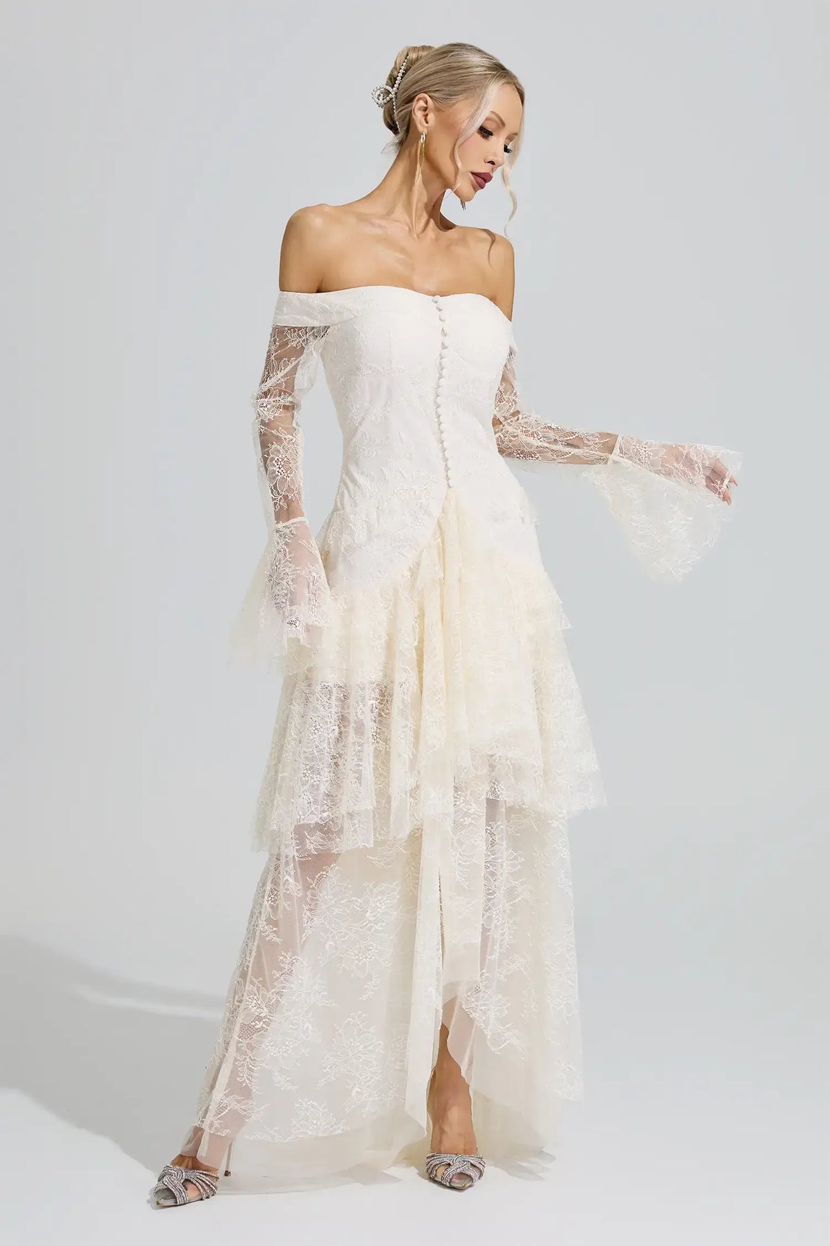 Lennox White Lace Ruffle Tiered Maxi Dress