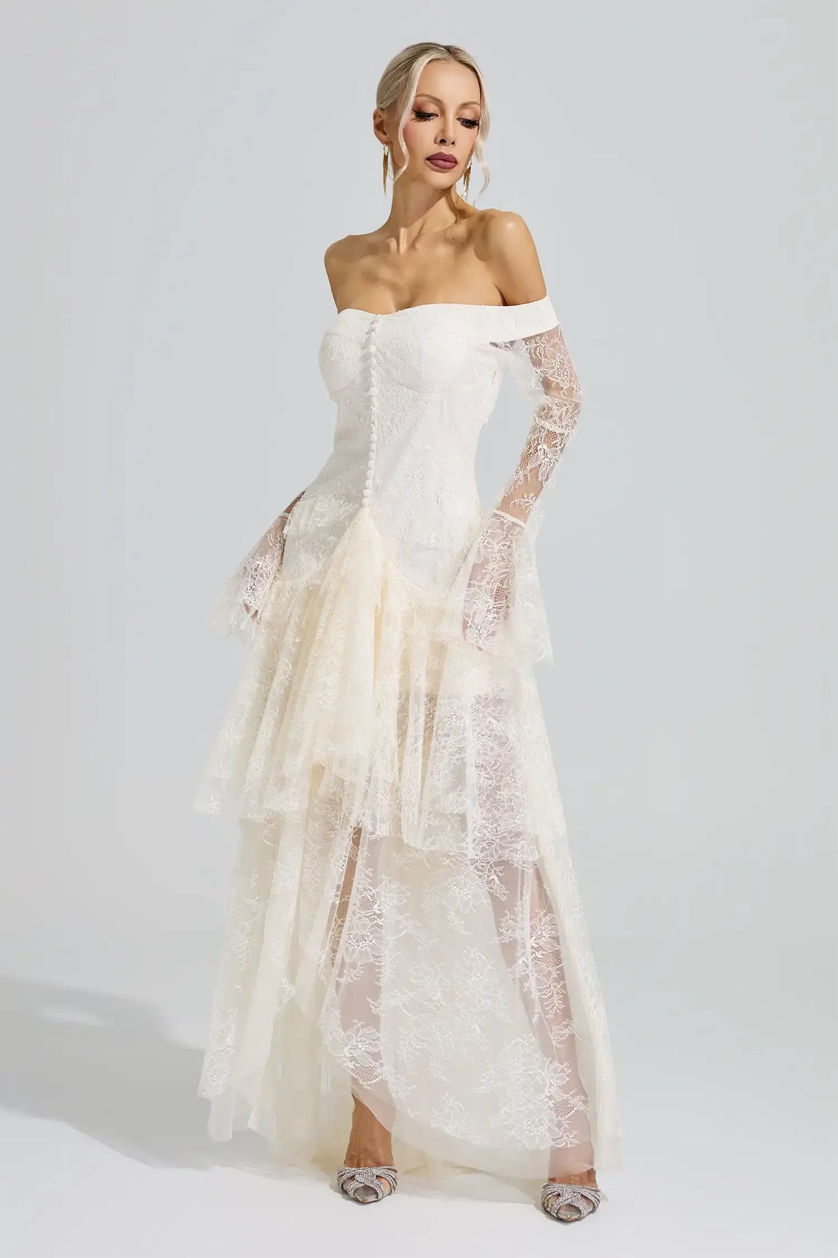 Lennox White Lace Ruffle Tiered Maxi Dress