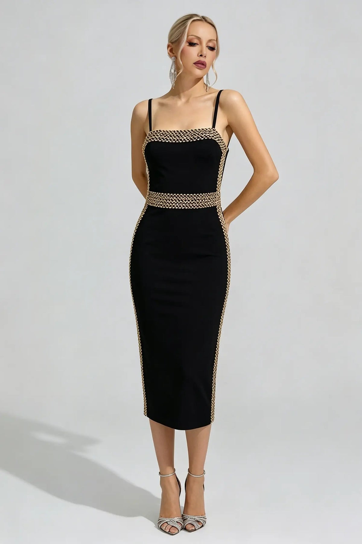 Brielle Black Sequin Strap Midi Dress
