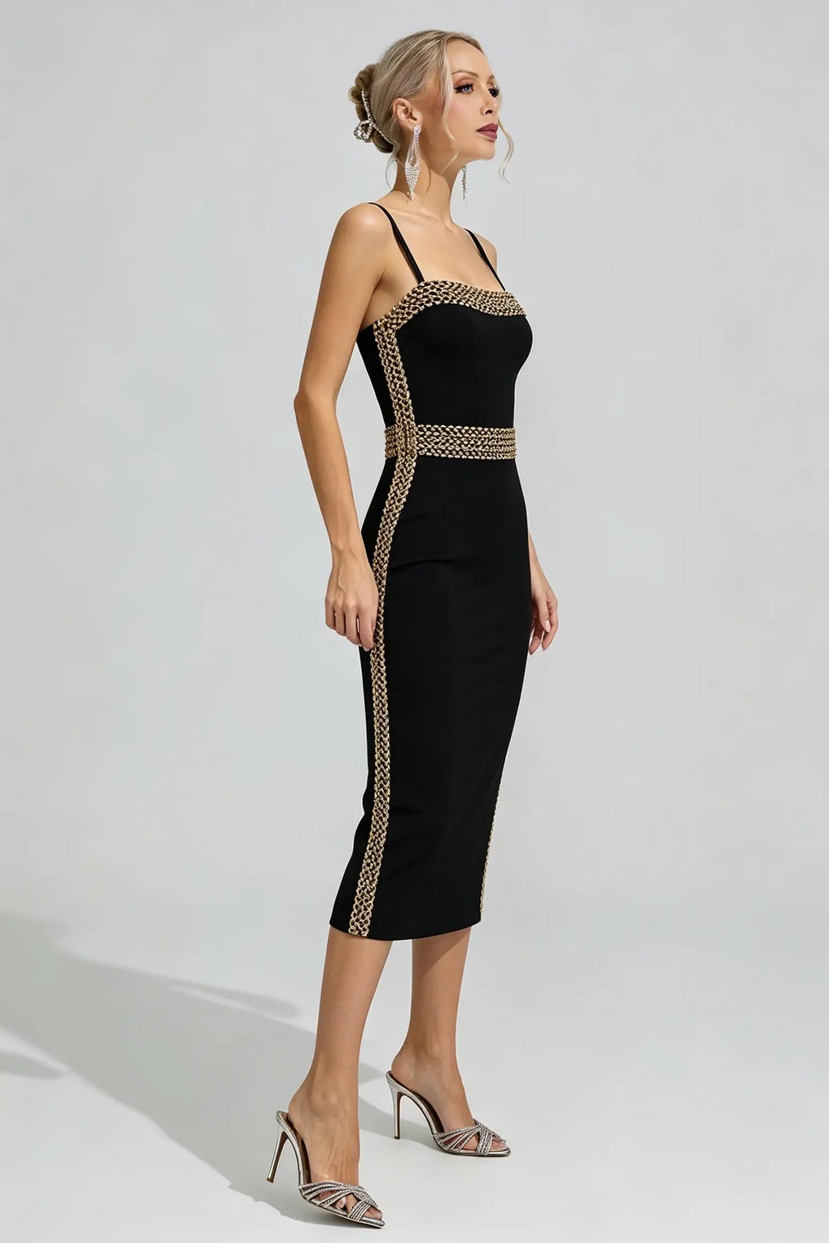 Brielle Black Sequin Strap Midi Dress