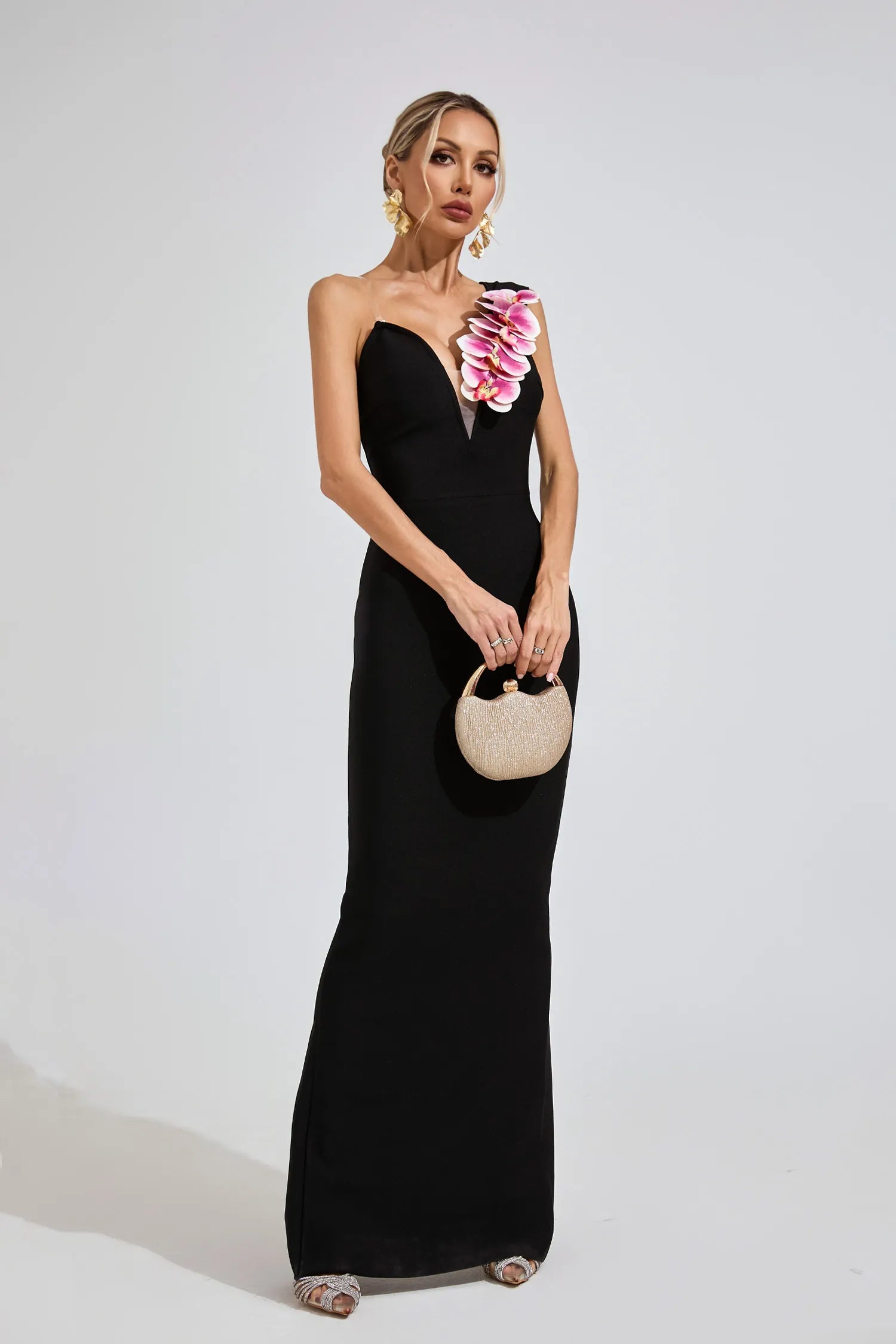 Maple Black Shoulder Bandage Maxi Dress
