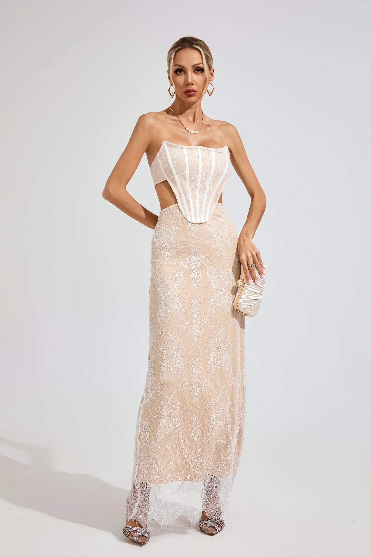 Ayodele Beige Lace Off-Shoulder Maxi Dress