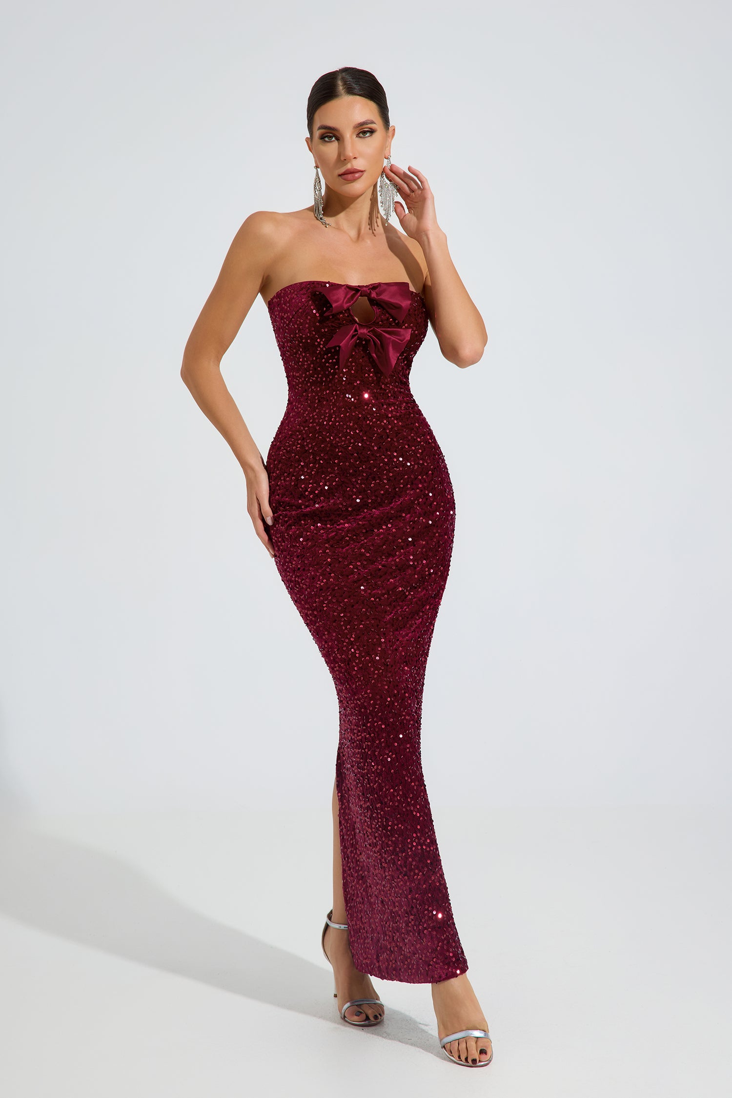 Rosamere Ruby Sequin Bow Strapless Maxi Dress