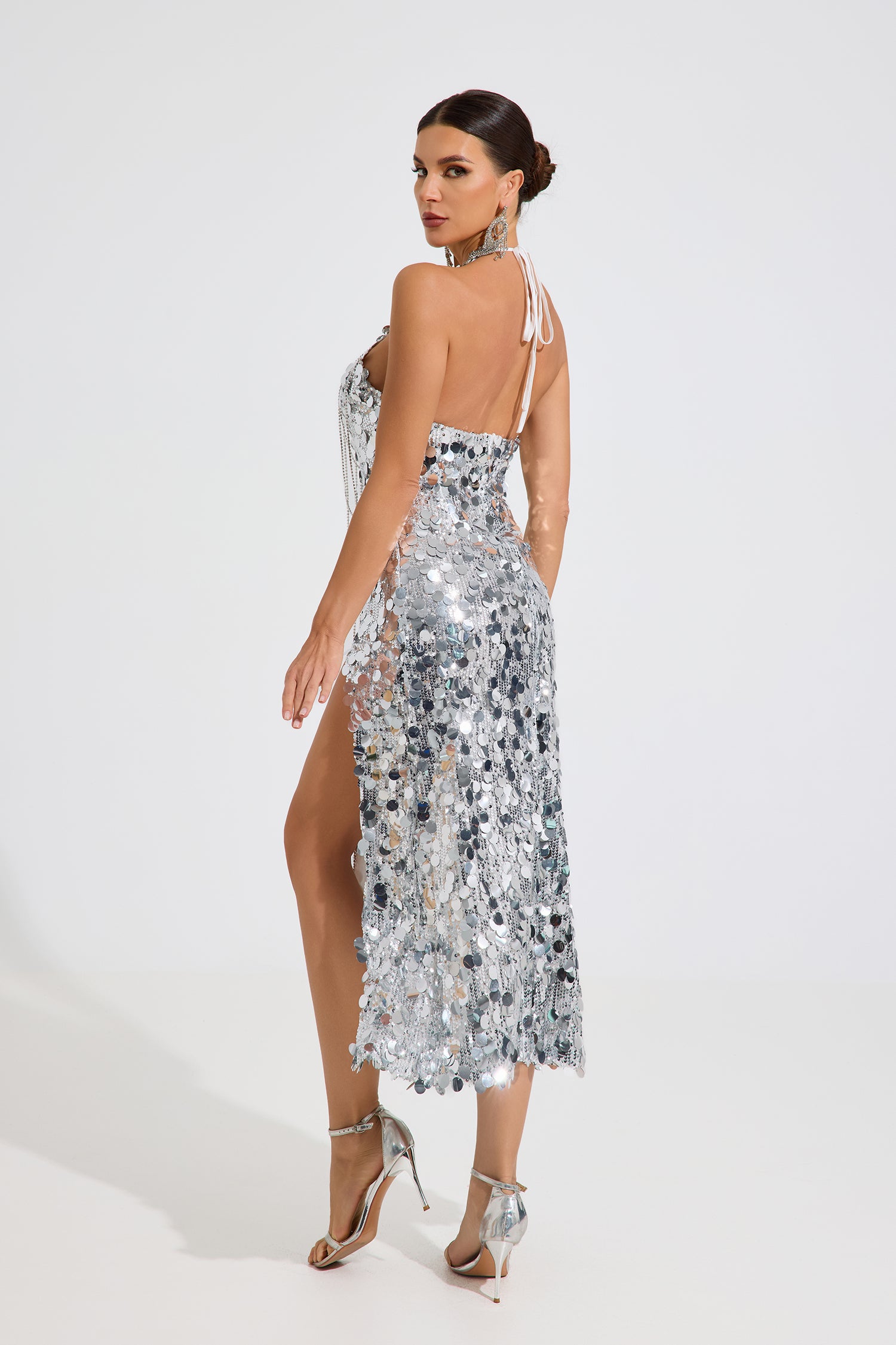 Elridge Mirror Sequin Halter Maxi Dress