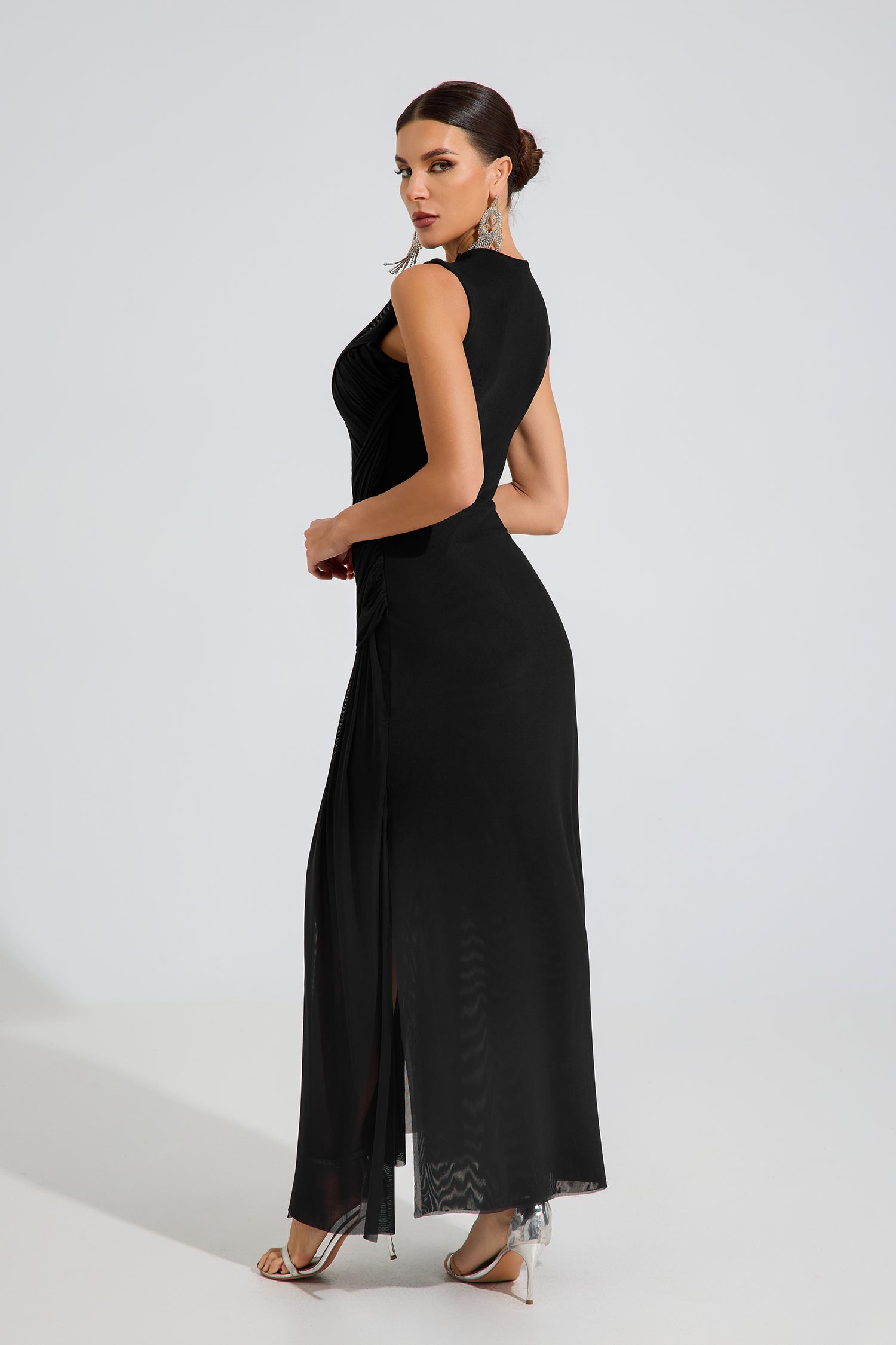 Cleone Noir Draped Elegance Maxi Dress