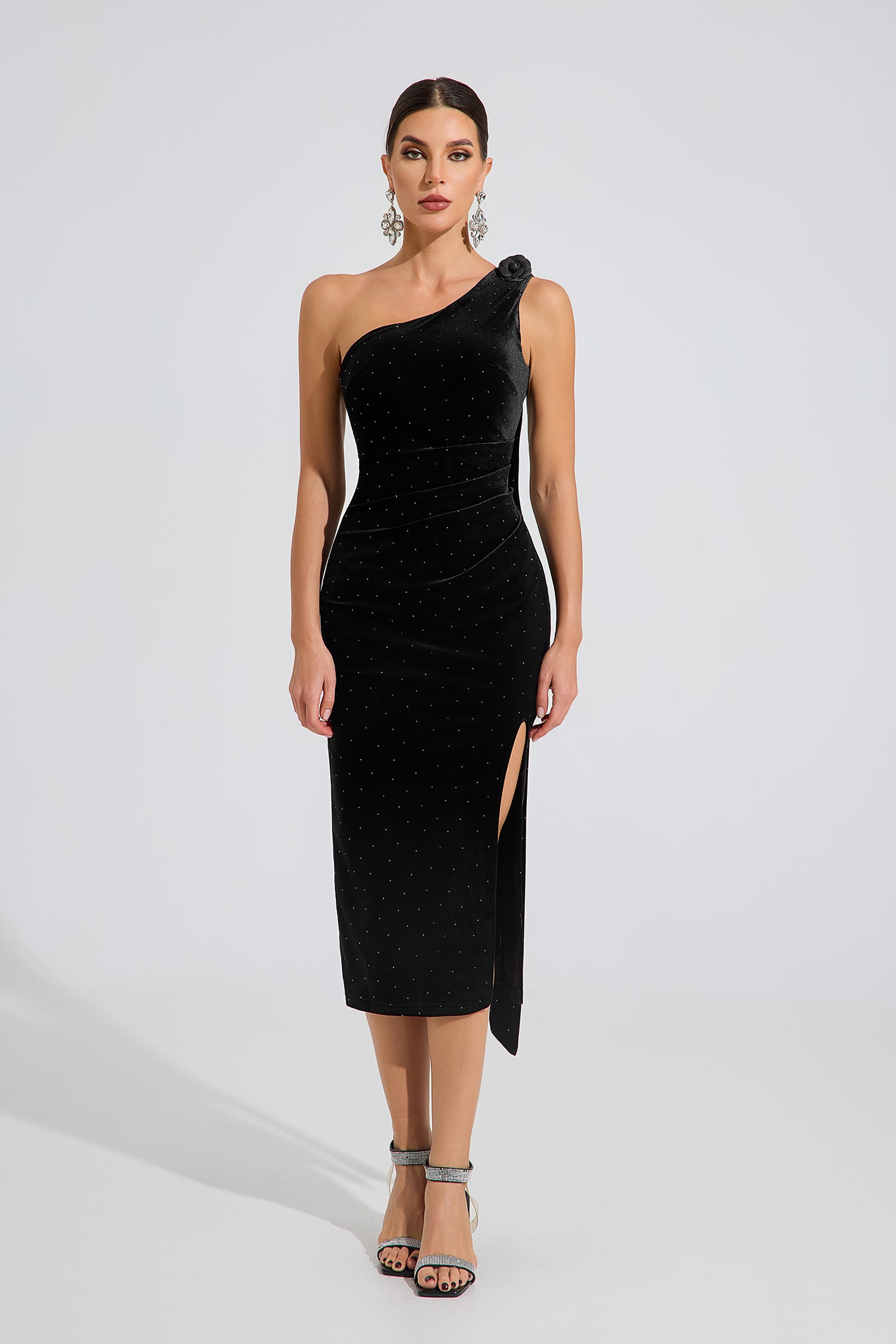 Sandra Velvet Radiance One-Shoulder Midi Dress