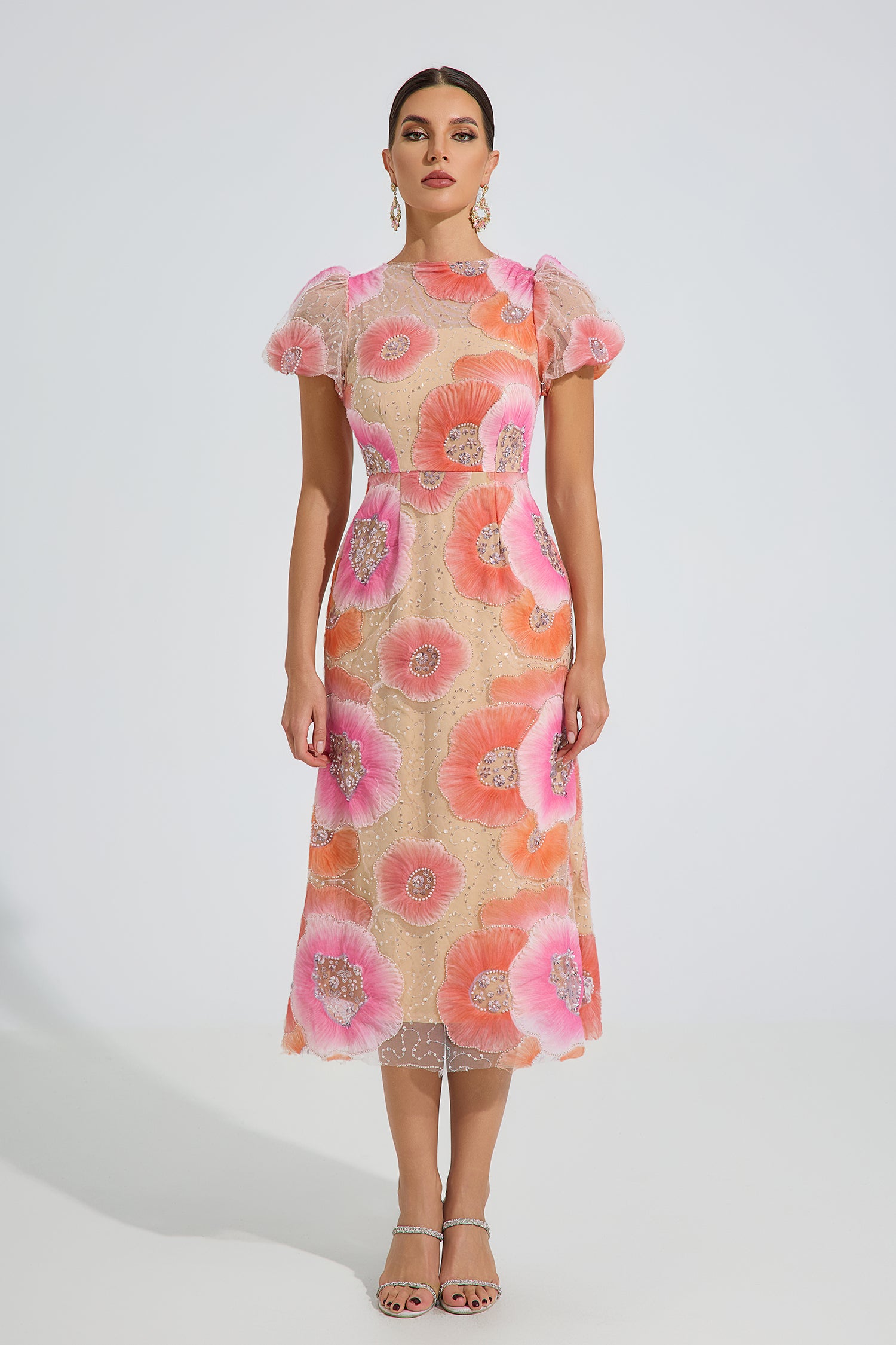 Frost Orange Bloom Embroidered Midi Dress