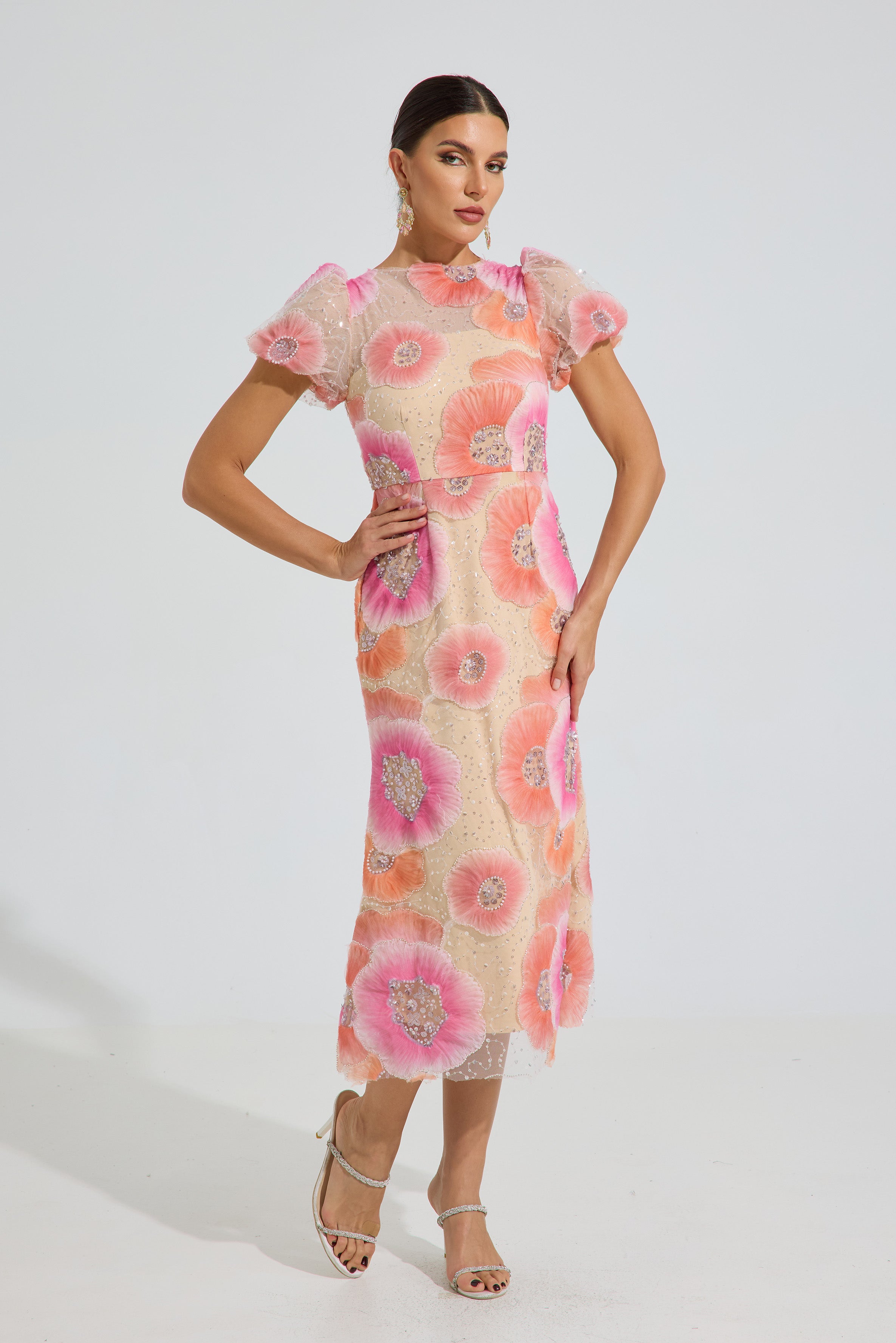 Frost Orange Bloom Embroidered Midi Dress