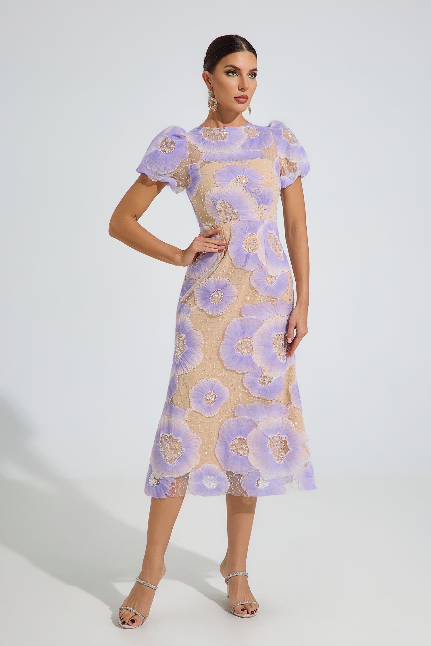 Frost Purple Bloom Embroidered Midi Dress