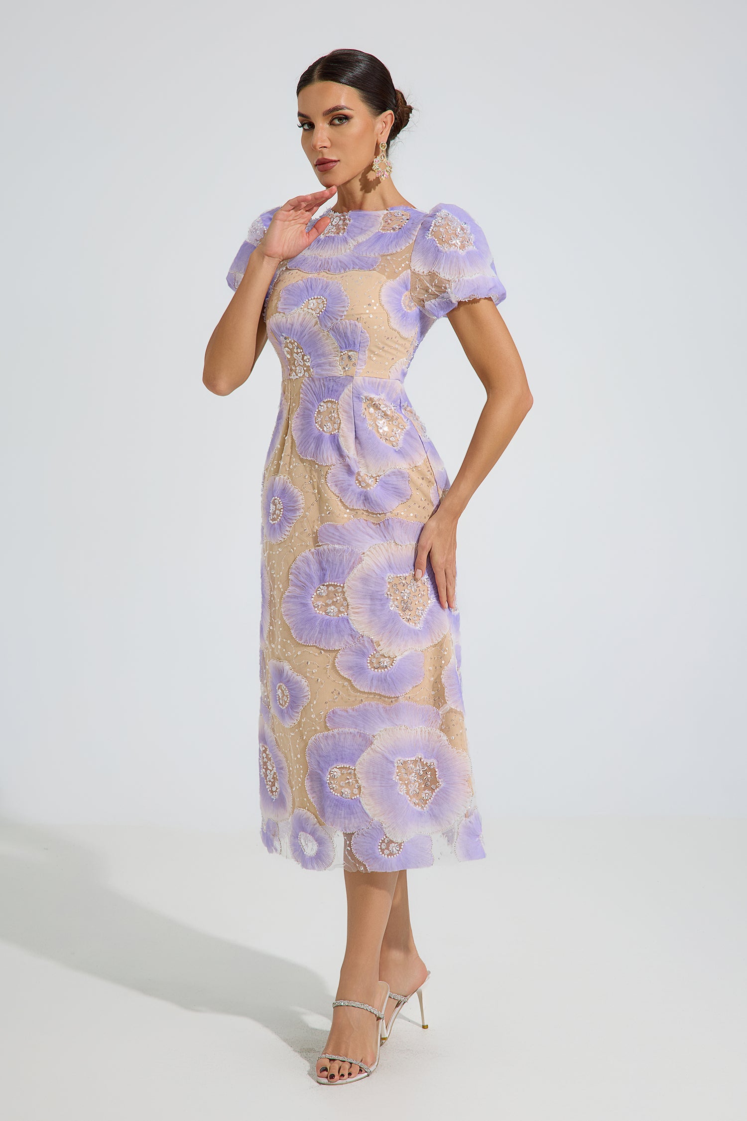 Frost Purple Bloom Embroidered Midi Dress