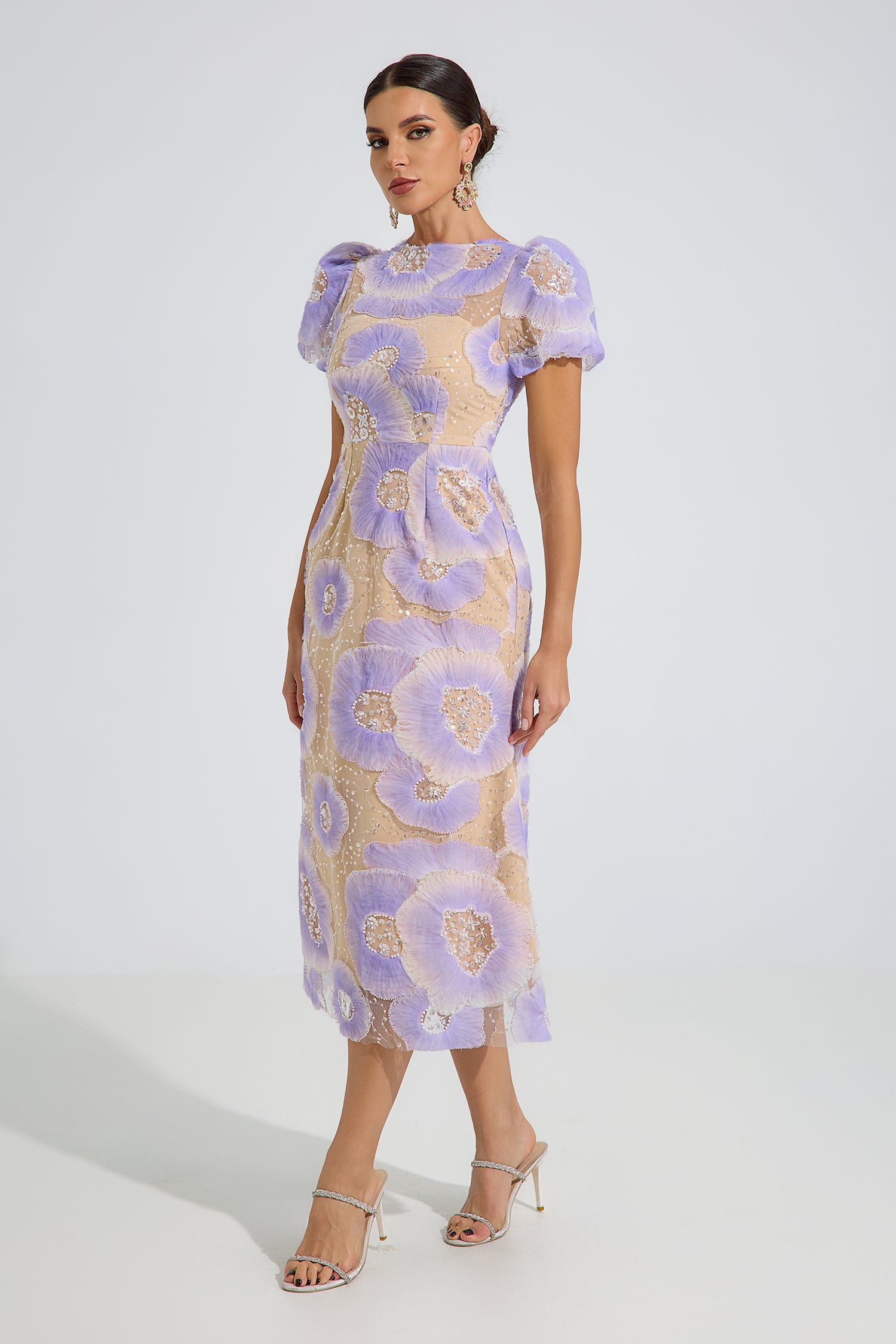 Frost Purple Bloom Embroidered Midi Dress