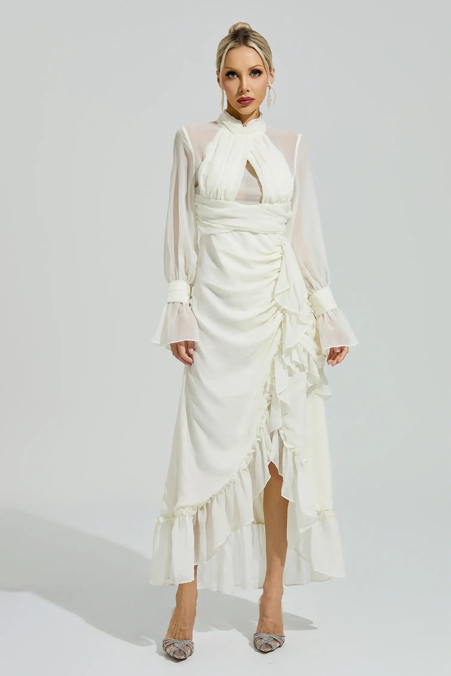 Kaia White Ruffle Slit Maxi Dress