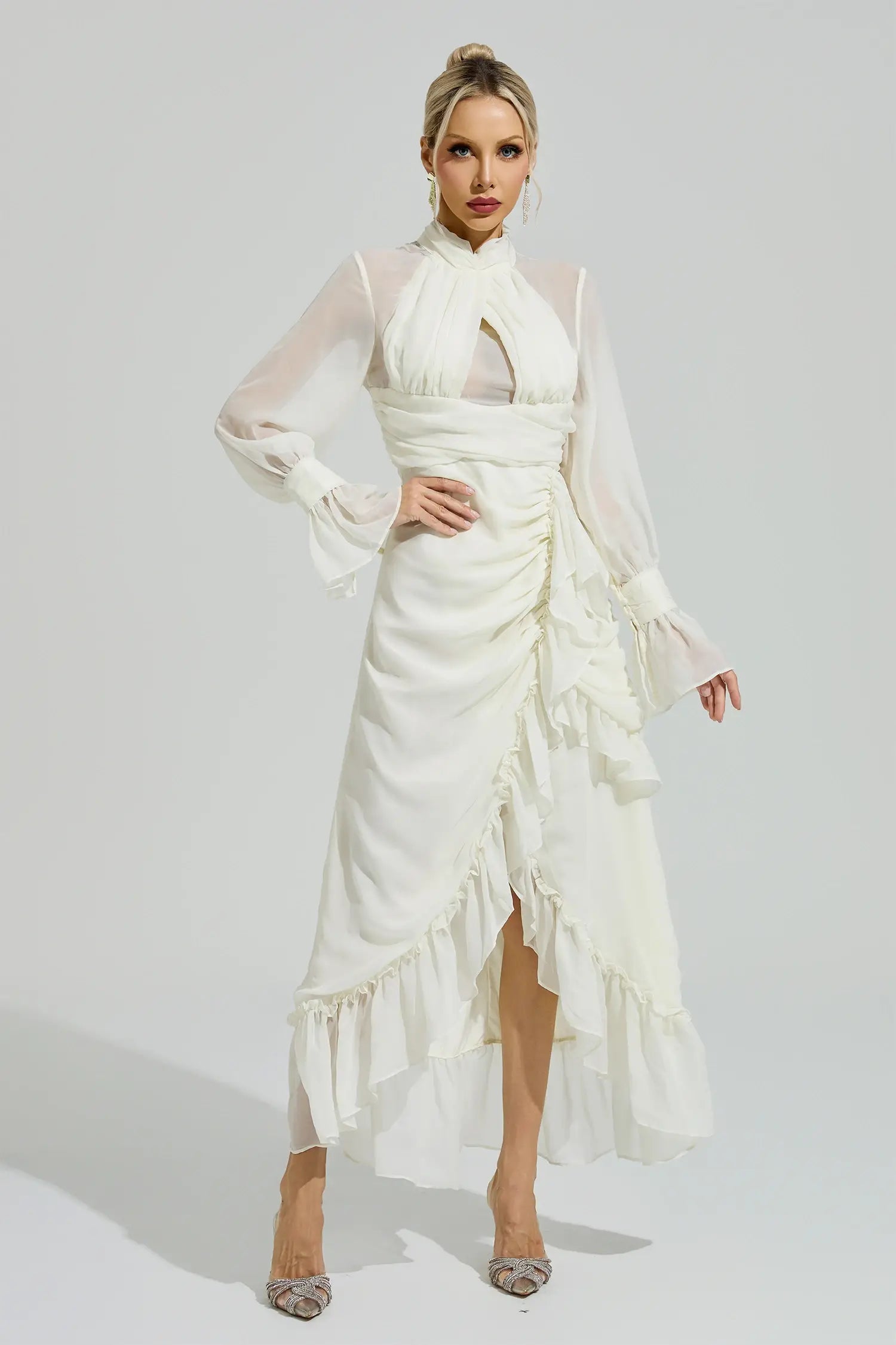 Kaia White Ruffle Slit Maxi Dress