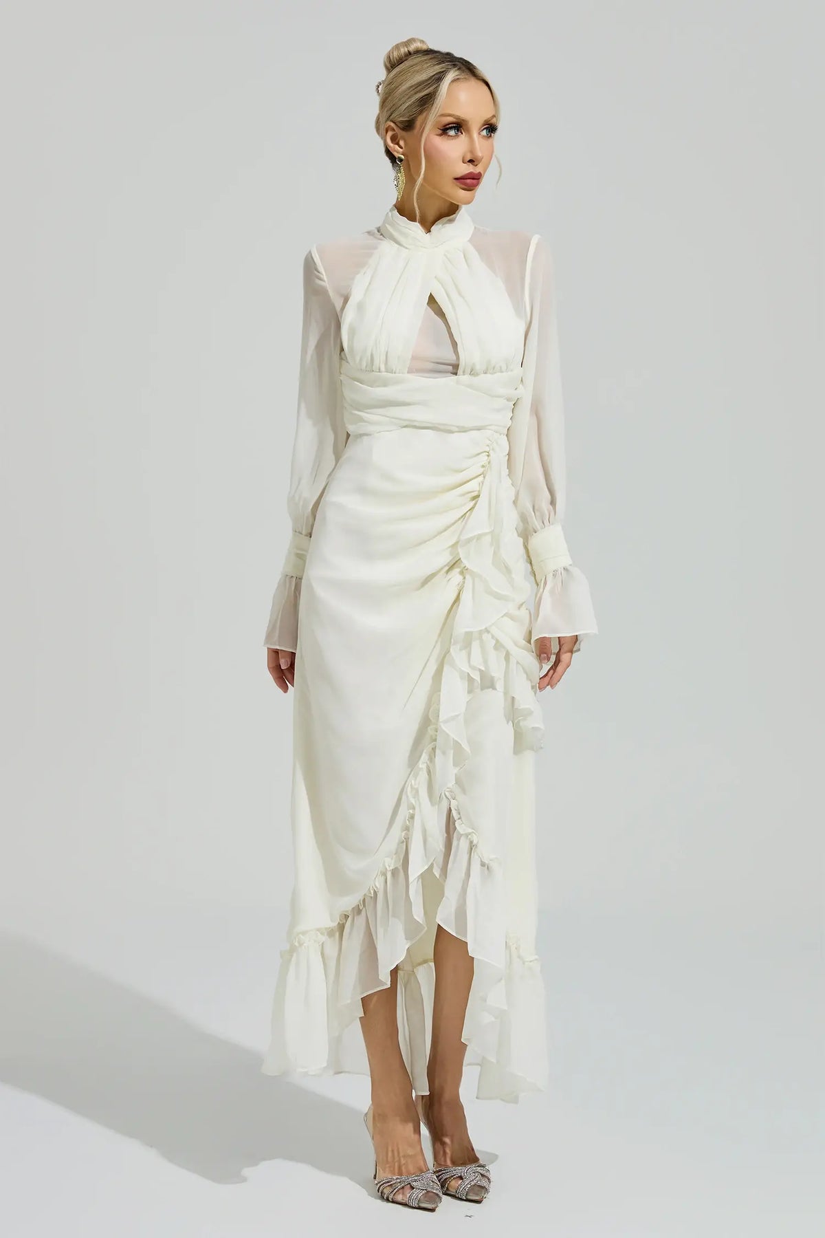 Kaia White Ruffle Slit Maxi Dress