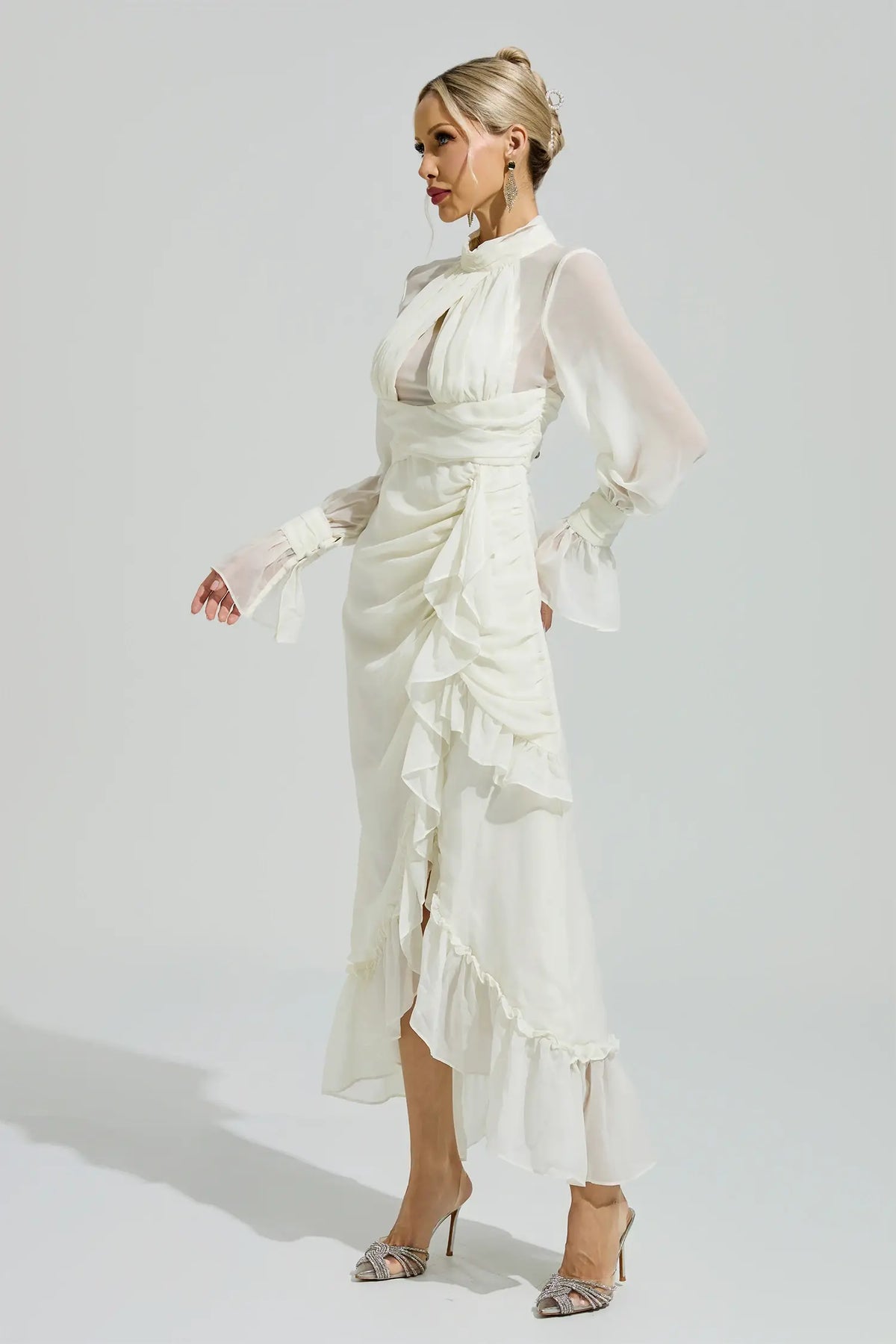 Kaia White Ruffle Slit Maxi Dress
