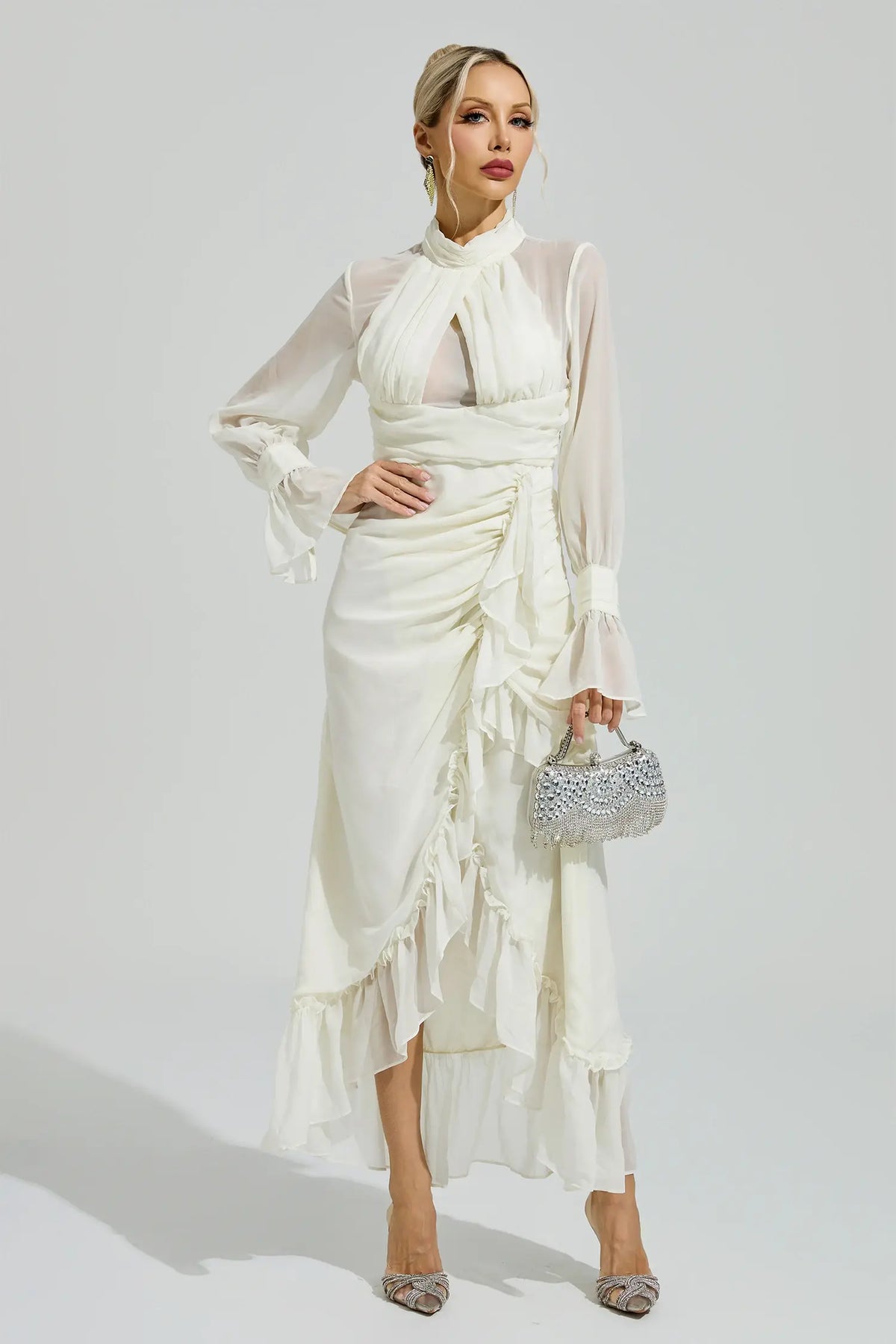Kaia White Ruffle Slit Maxi Dress