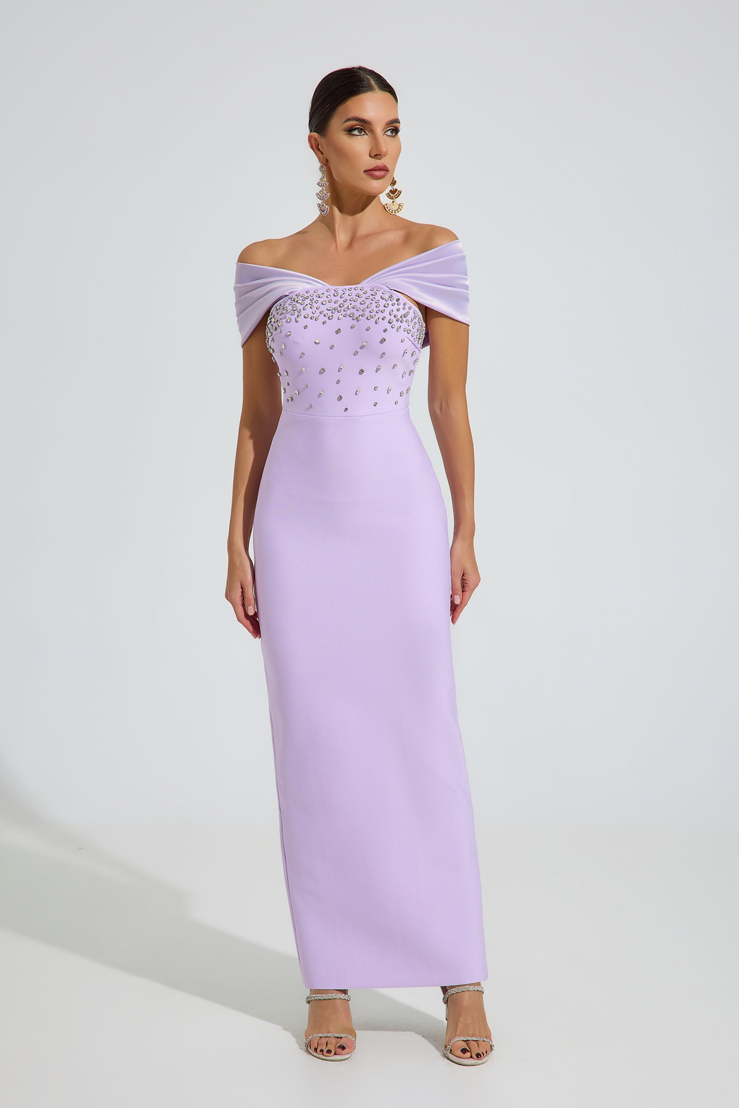 Arrow Off-Shoulder Crystal Maxi Dress