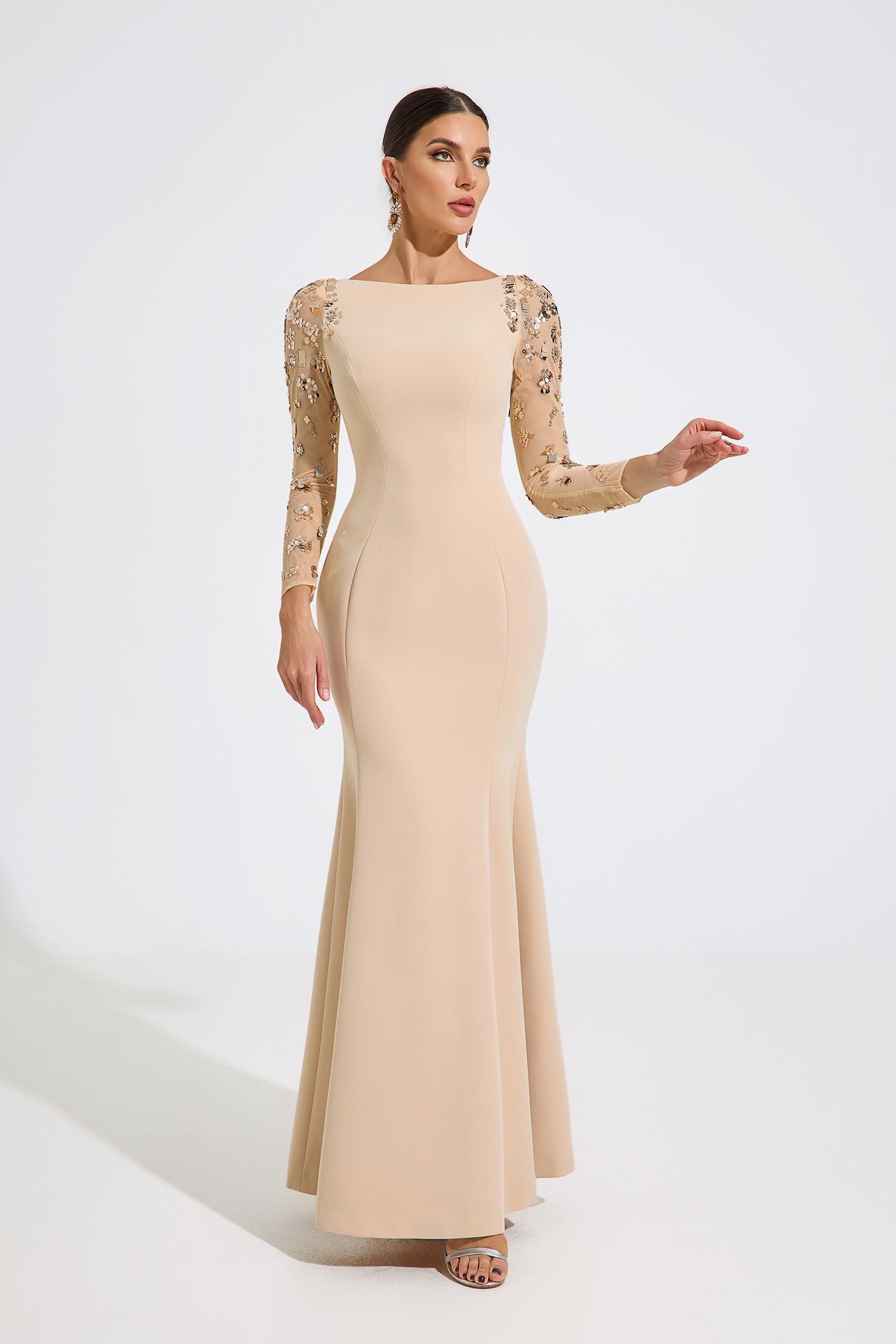 Rowan Beige Embellished Elegance Maxi Dress