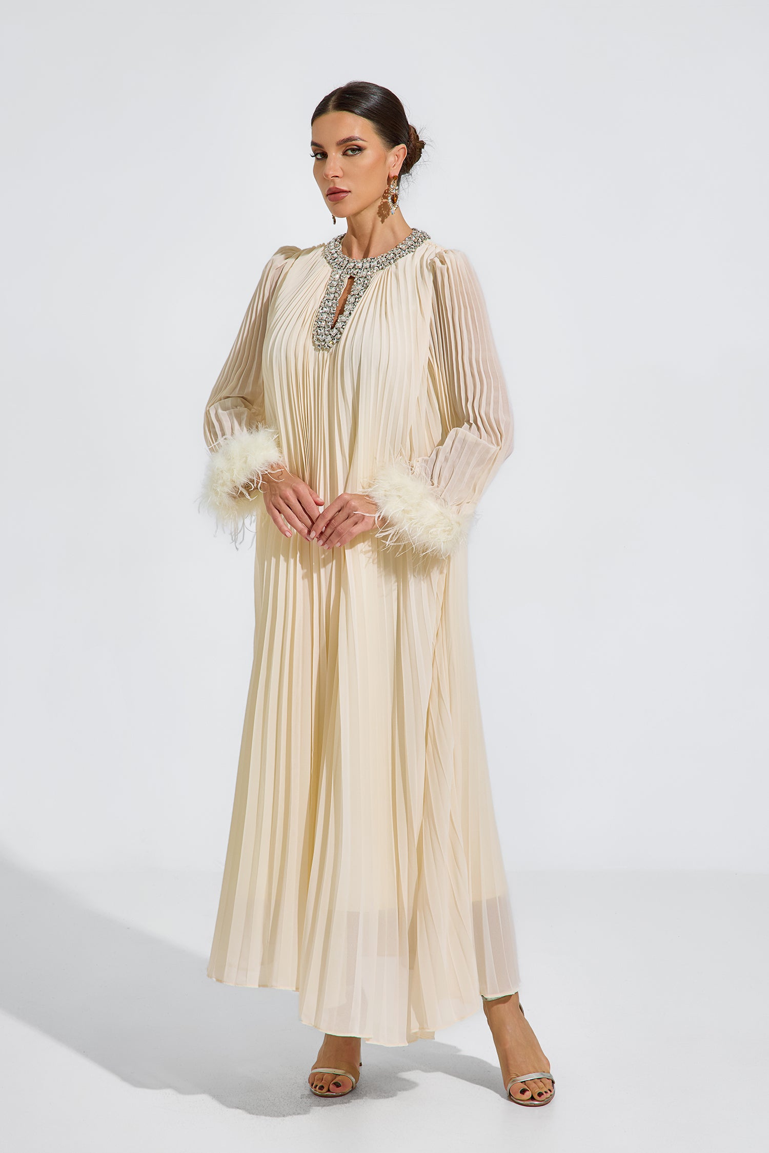 Corwin Pleated Feather-Trim Maxi Dress