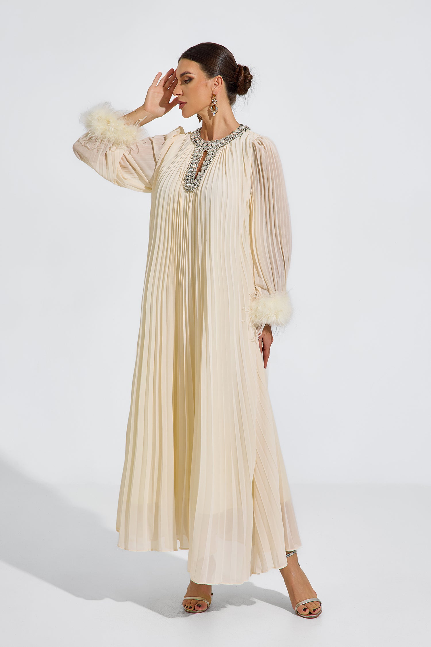 Corwin Pleated Feather-Trim Maxi Dress