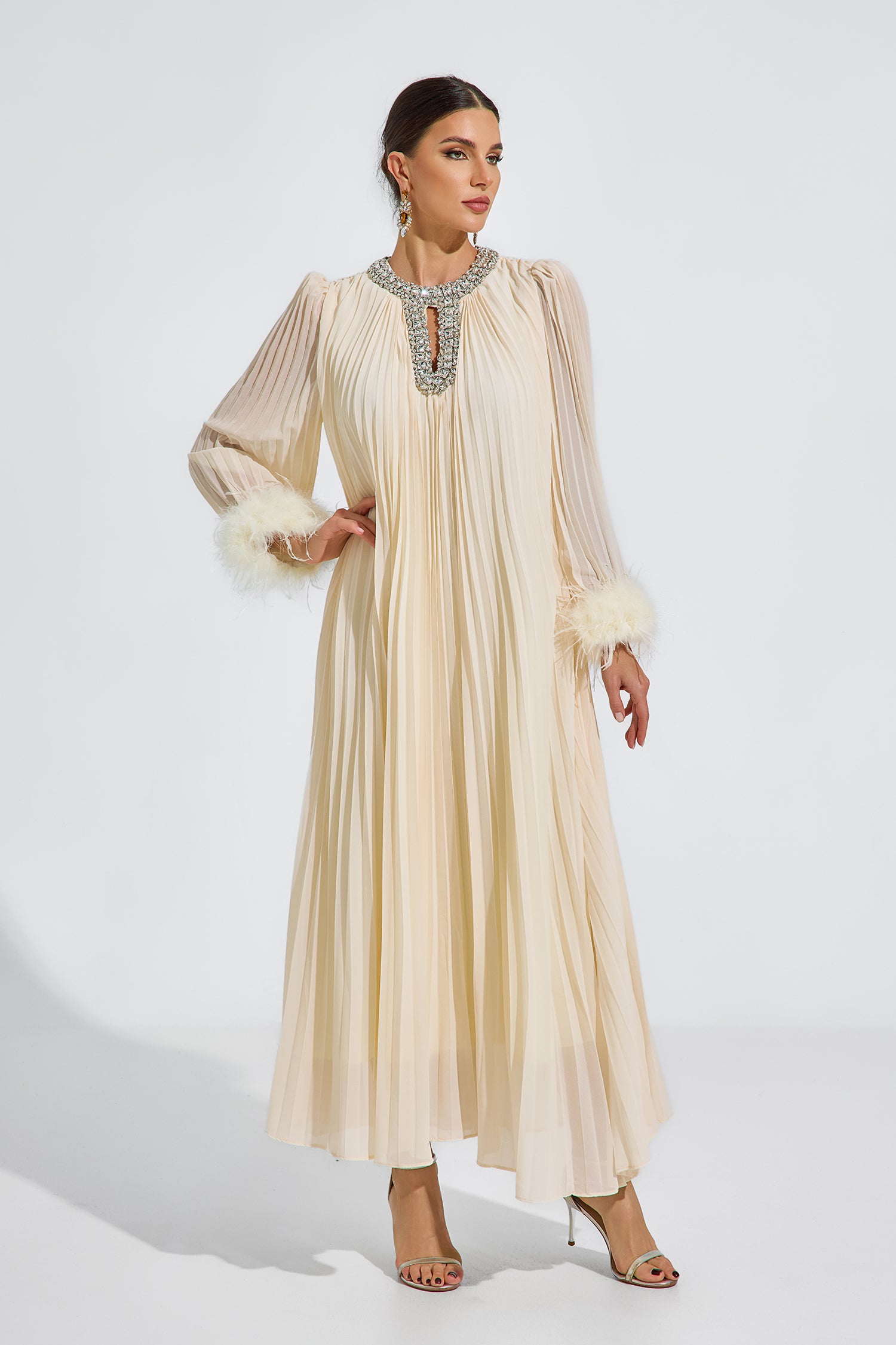 Corwin Pleated Feather-Trim Maxi Dress