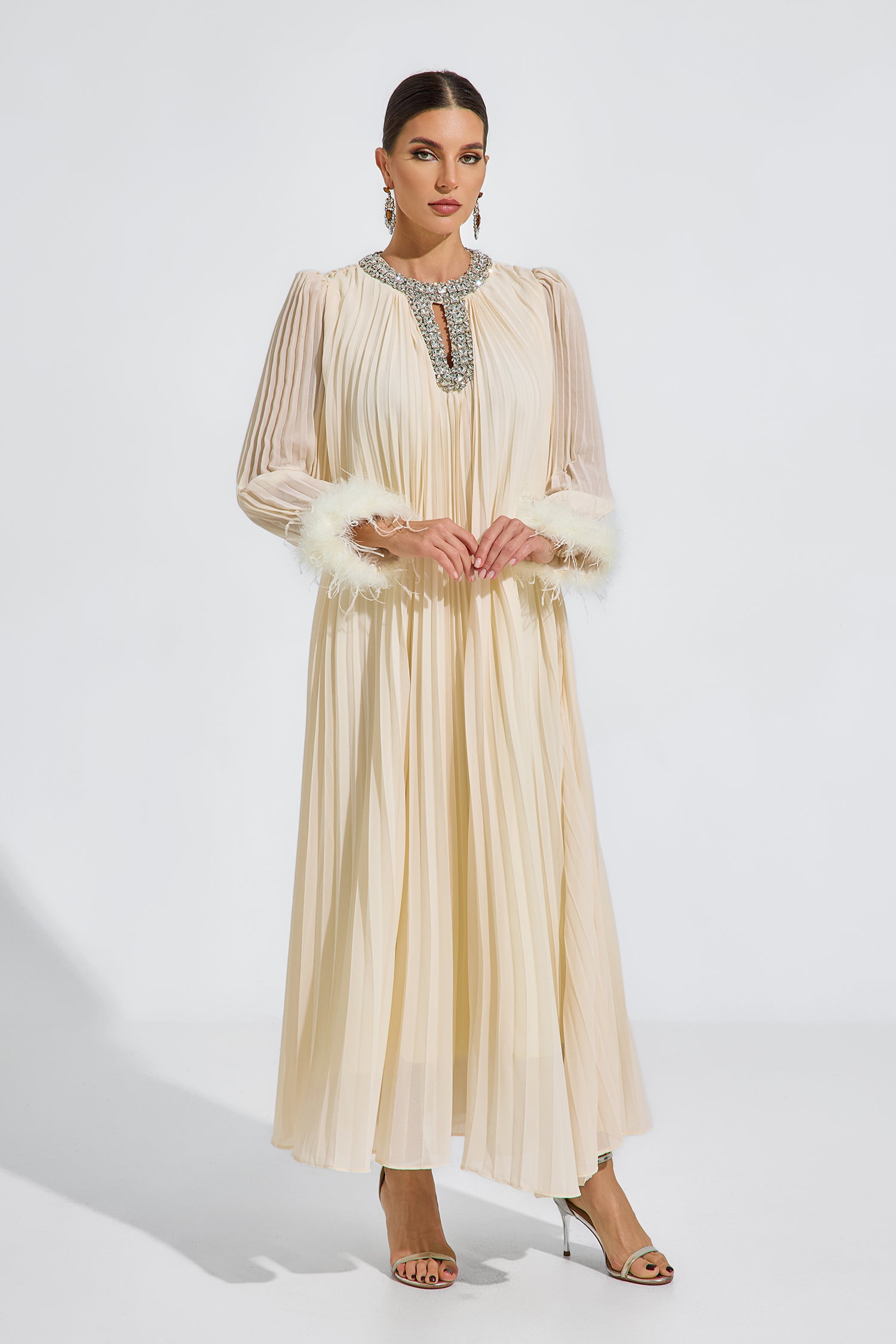 Corwin Pleated Feather-Trim Maxi Dress