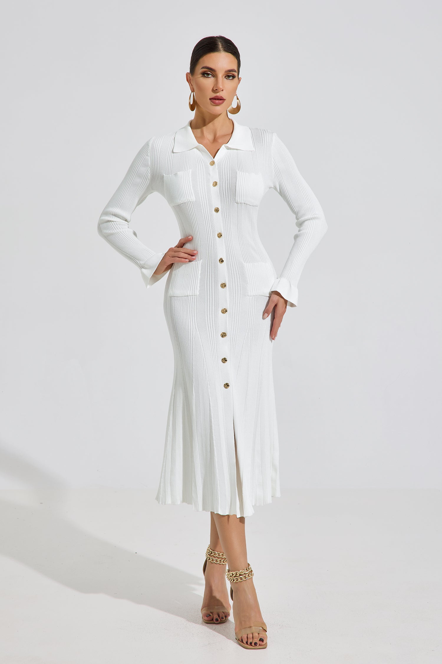 Audrey Ivory Knit Button Midi Dress
