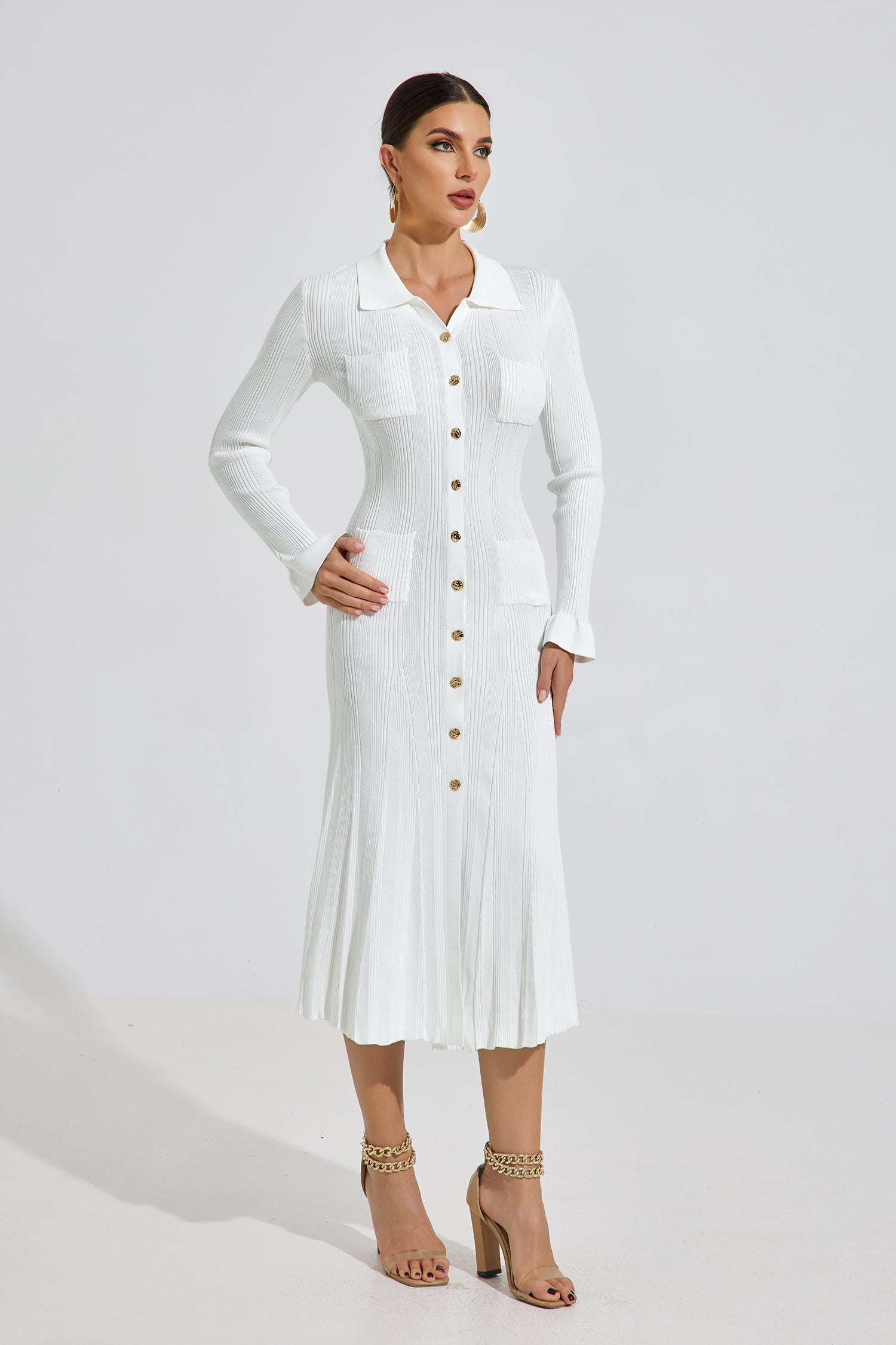 Audrey Ivory Knit Button Midi Dress