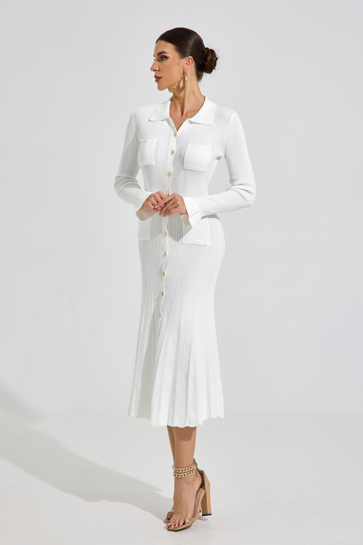 Audrey Ivory Knit Button Midi Dress