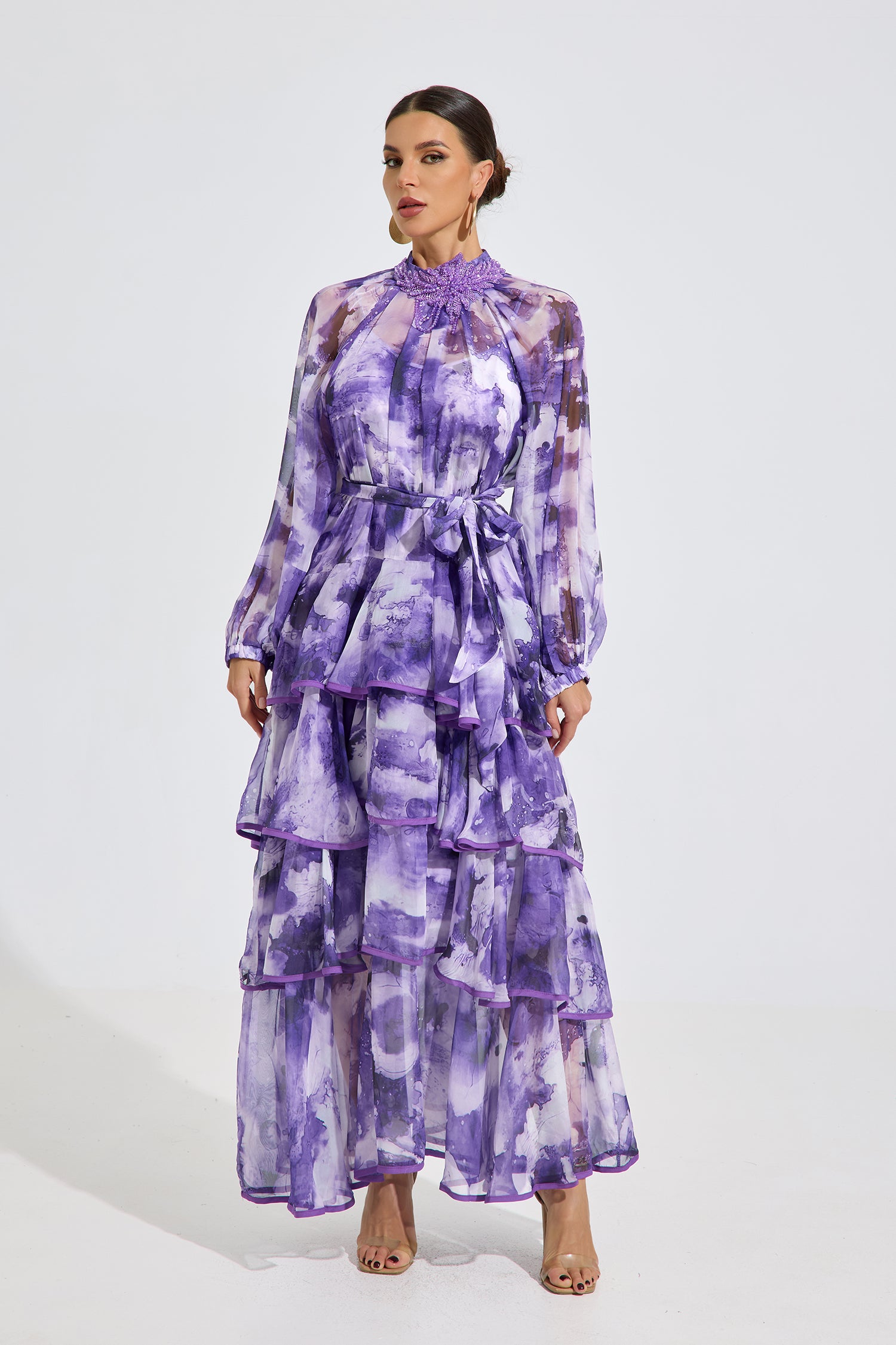 Jennifer Watercolor Ruffle Maxi Dress