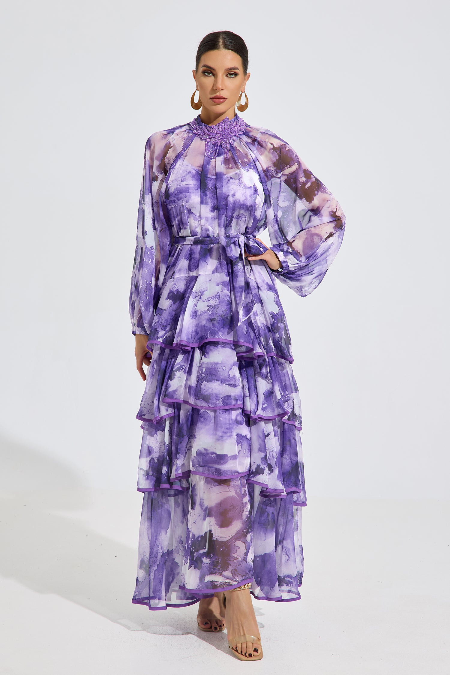 Jennifer Watercolor Ruffle Maxi Dress