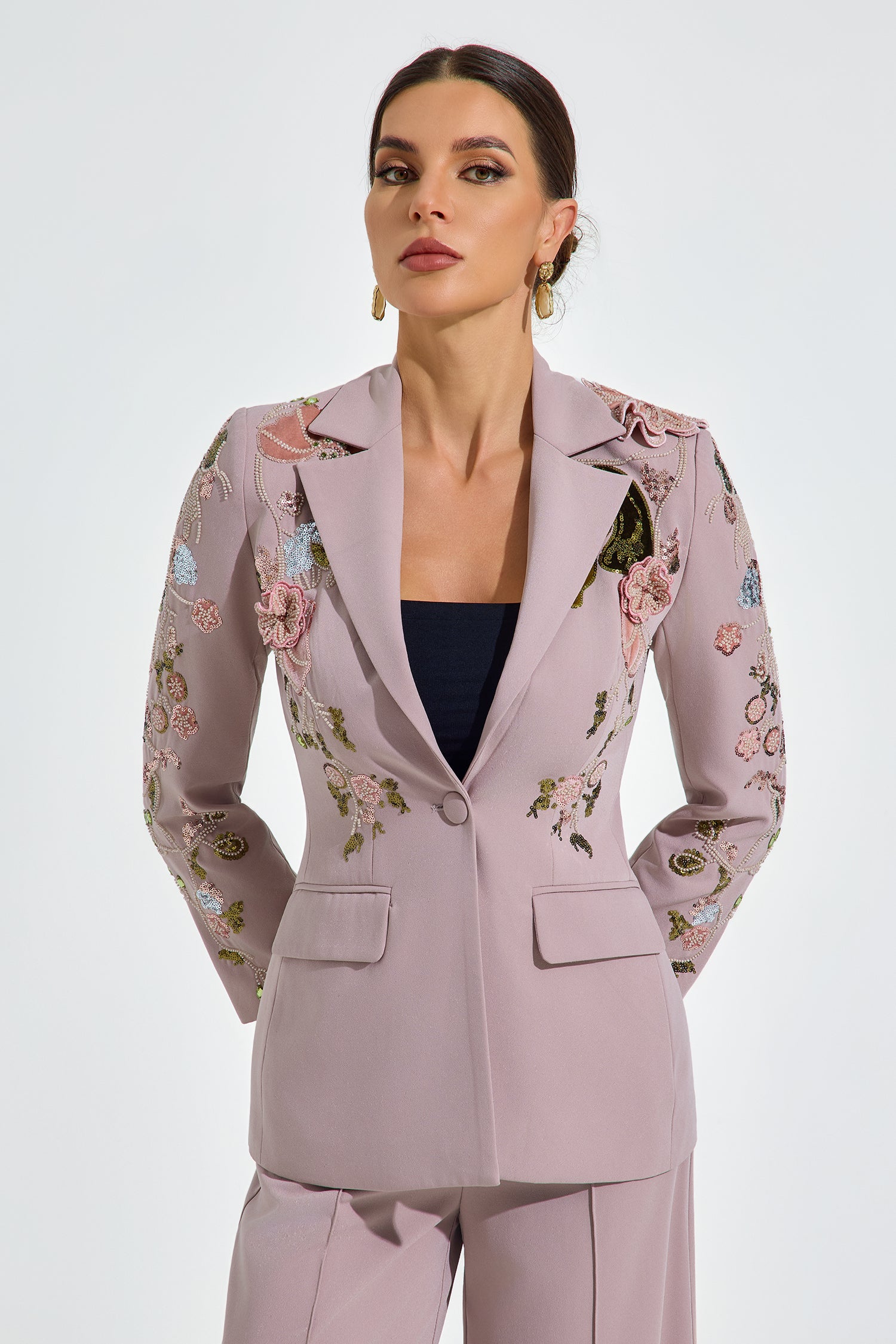Hadid Embroidered Blush Pantsuit Set