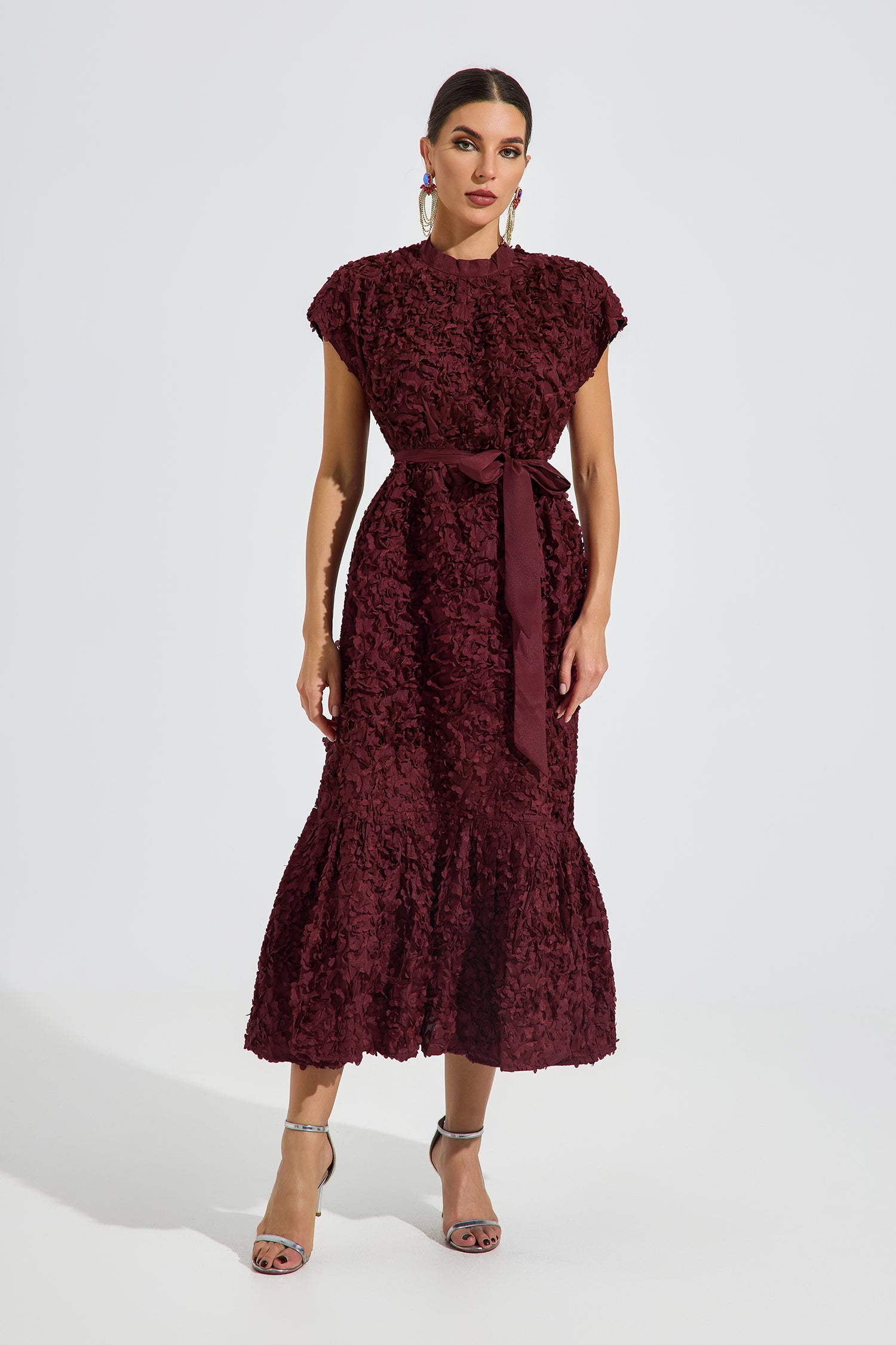 Elivelle Red Textured Bloom Midi Dress